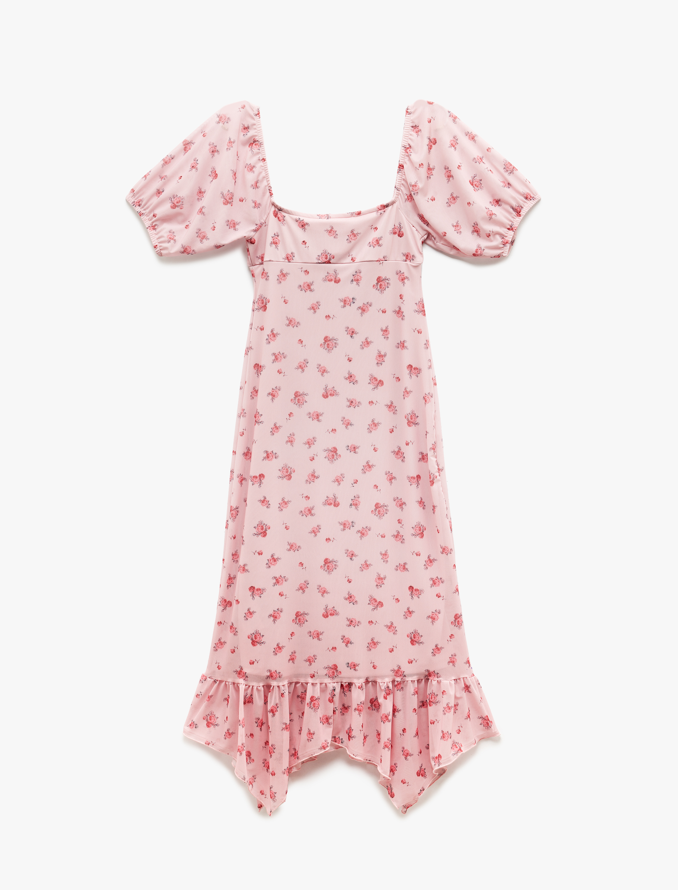   U Yaka Asimetrik Kısa Balon Kollu Çiçekli Tül Uzun Elbise