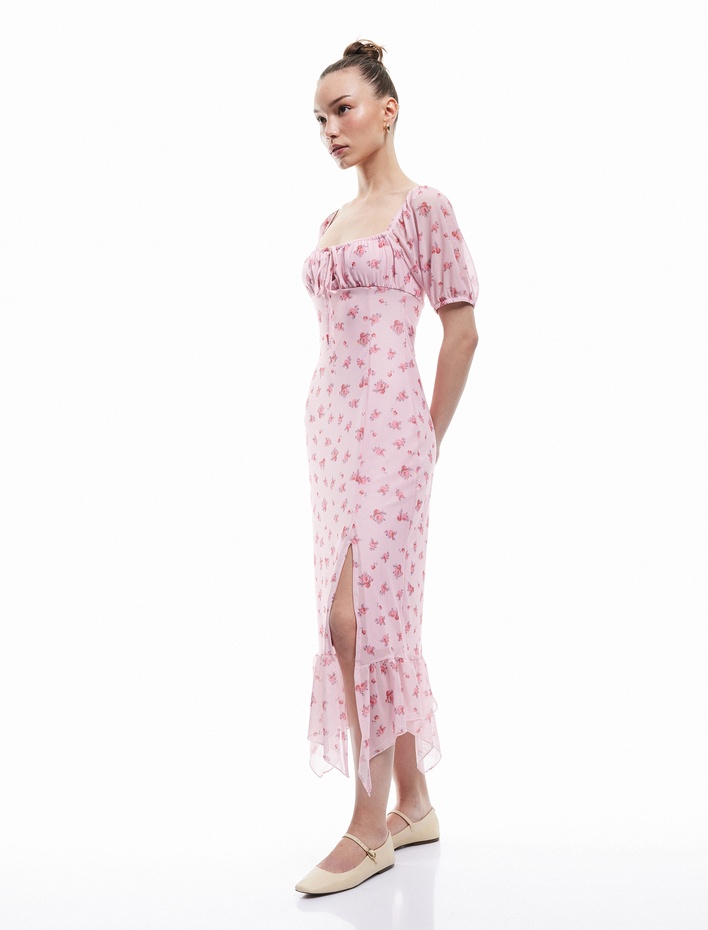  U Yaka Asimetrik Kısa Balon Kollu Çiçekli Tül Uzun Elbise