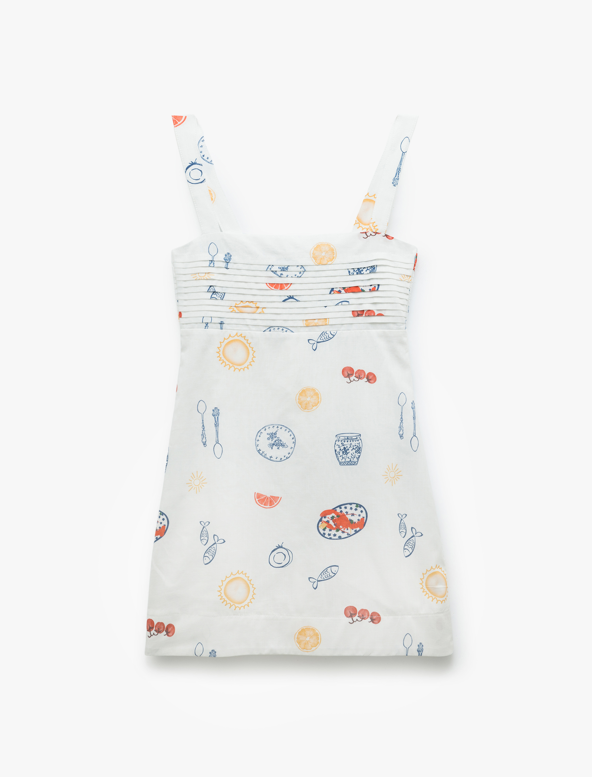   Pamuklu U Yaka Kolsuz Meyve Baskılı Mini Elbise