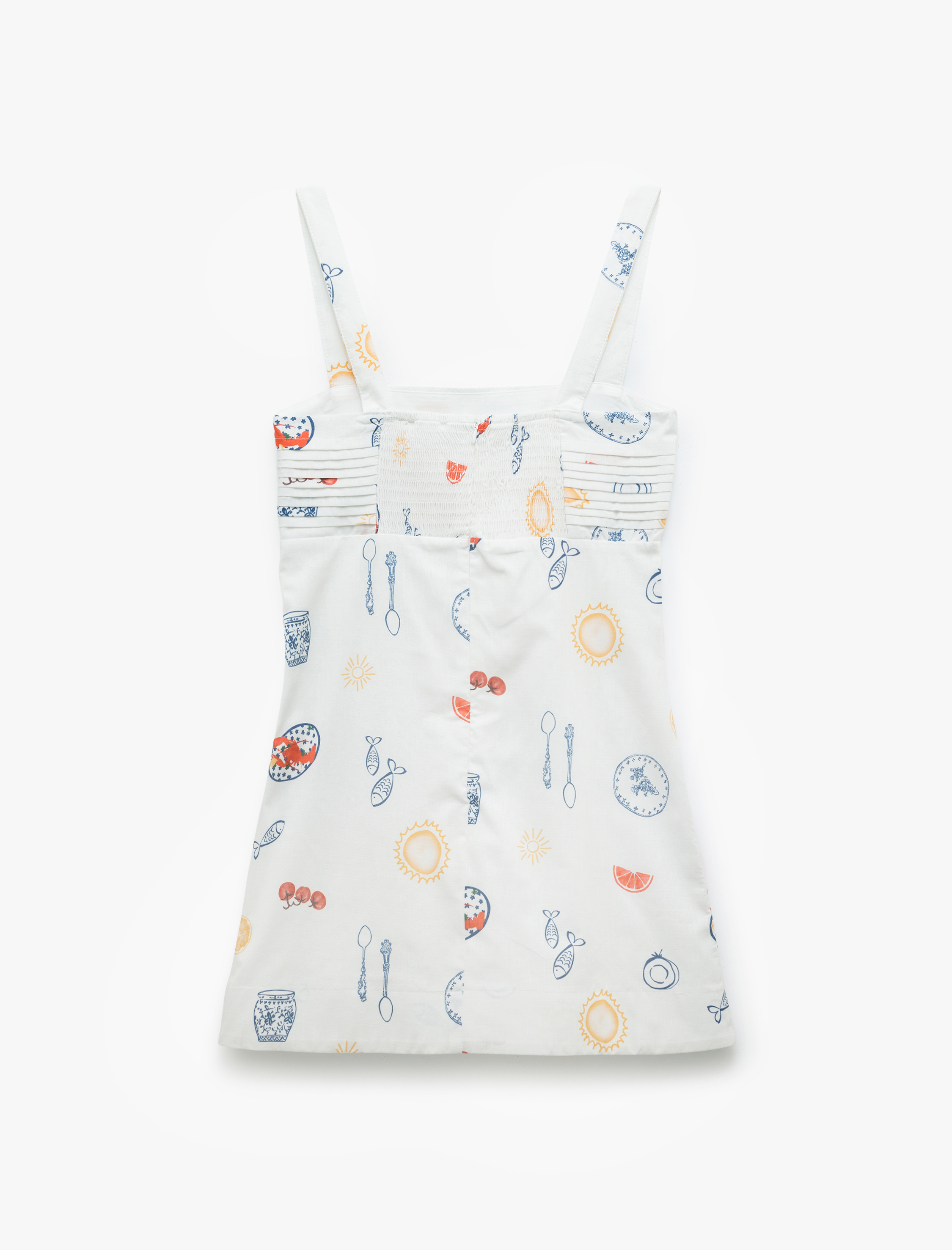   Pamuklu U Yaka Kolsuz Meyve Baskılı Mini Elbise