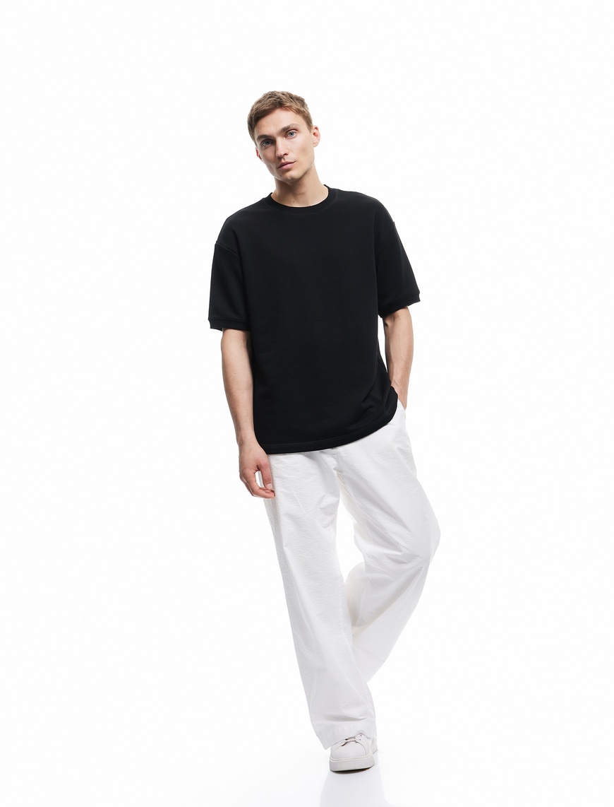   Kısa Kollu Bisiklet Yaka Şardonlu Basic Oversize Tişört