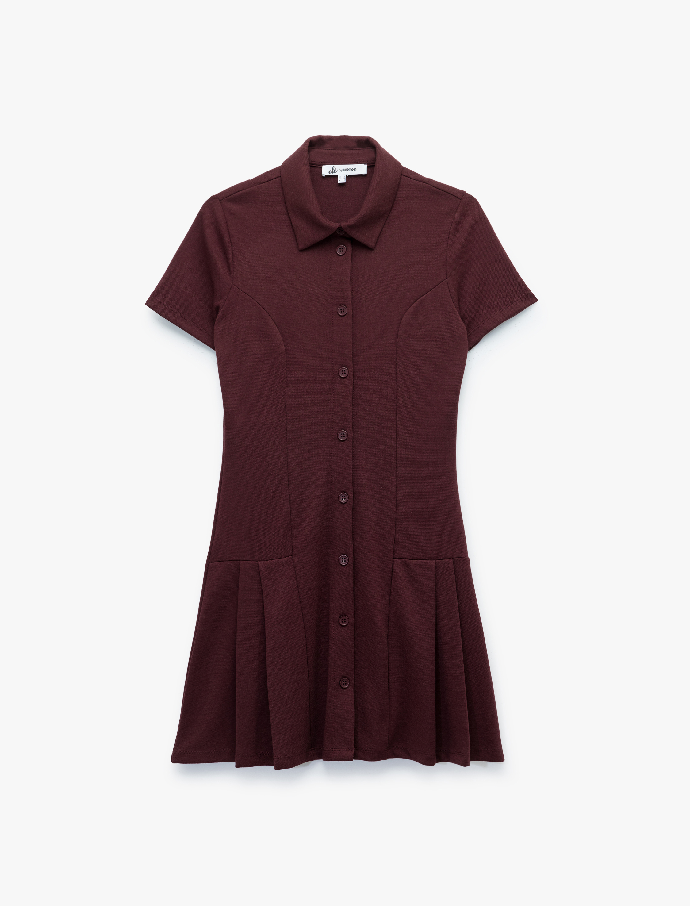   Pileli Mini Düğmeli Kısa Kollu Viskon Karışımlı Polo Yaka Elbise