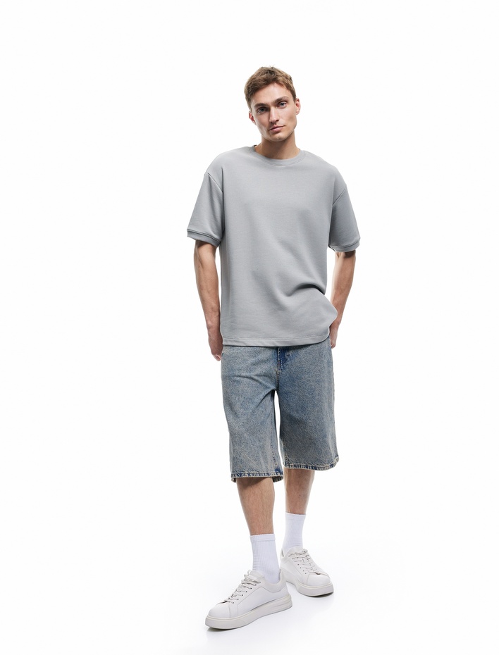  Kısa Kollu Bisiklet Yaka Tok Kumaş Şardonlu Basic Oversize Tişört