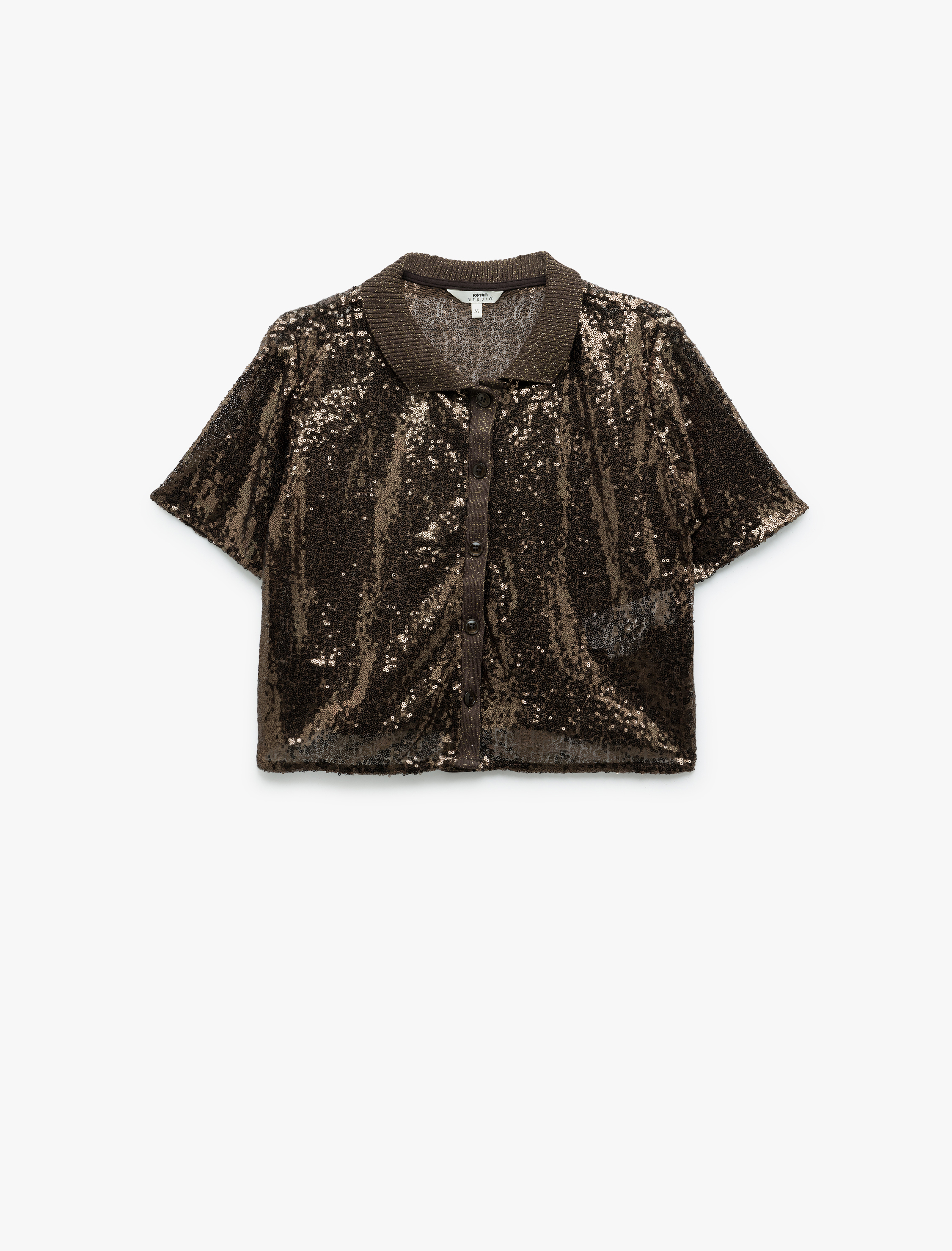   Düğmeli Triko Polo Yaka Detaylı Kısa Kollu Pullu Payetli Gömlek