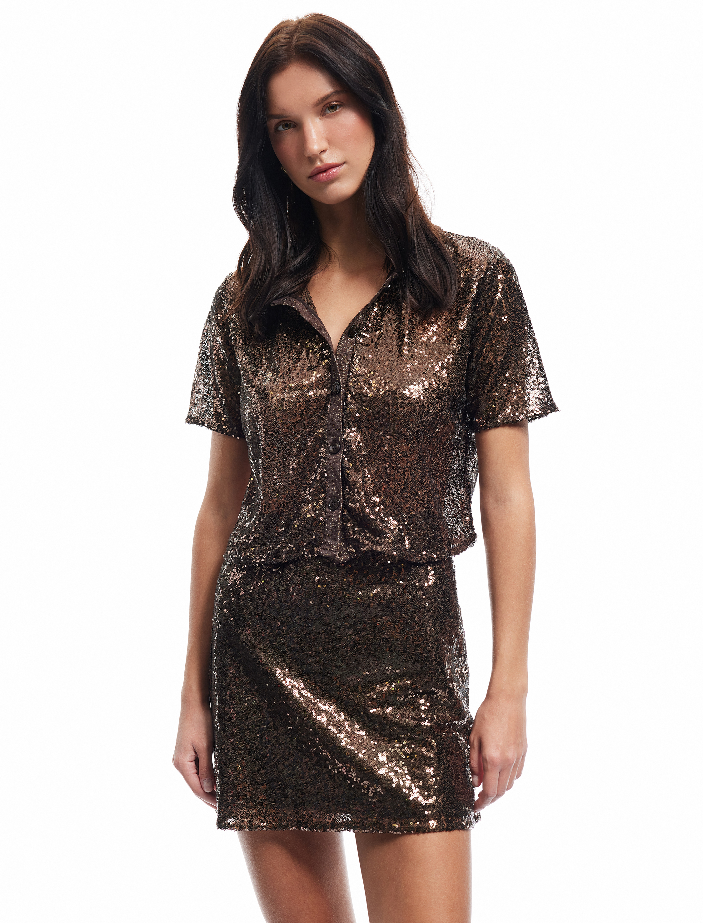   Düğmeli Triko Polo Yaka Detaylı Kısa Kollu Pullu Payetli Gömlek