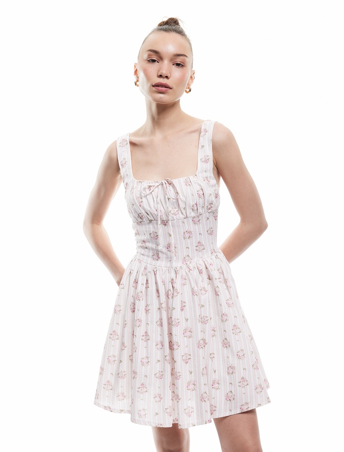  U Yaka A Kesim Bağcıklı Korse Detaylı Viskon Karışımlı Çiçekli Mini Elbise