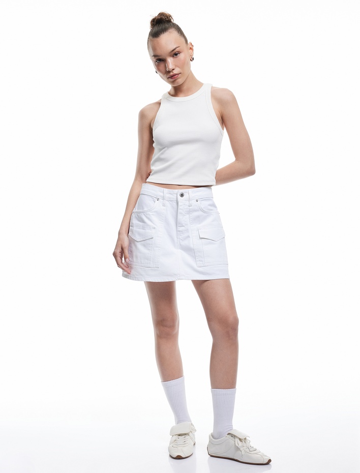  Kargo Cep Detaylı Düğmeli Pamuklu Mini Şort Etek