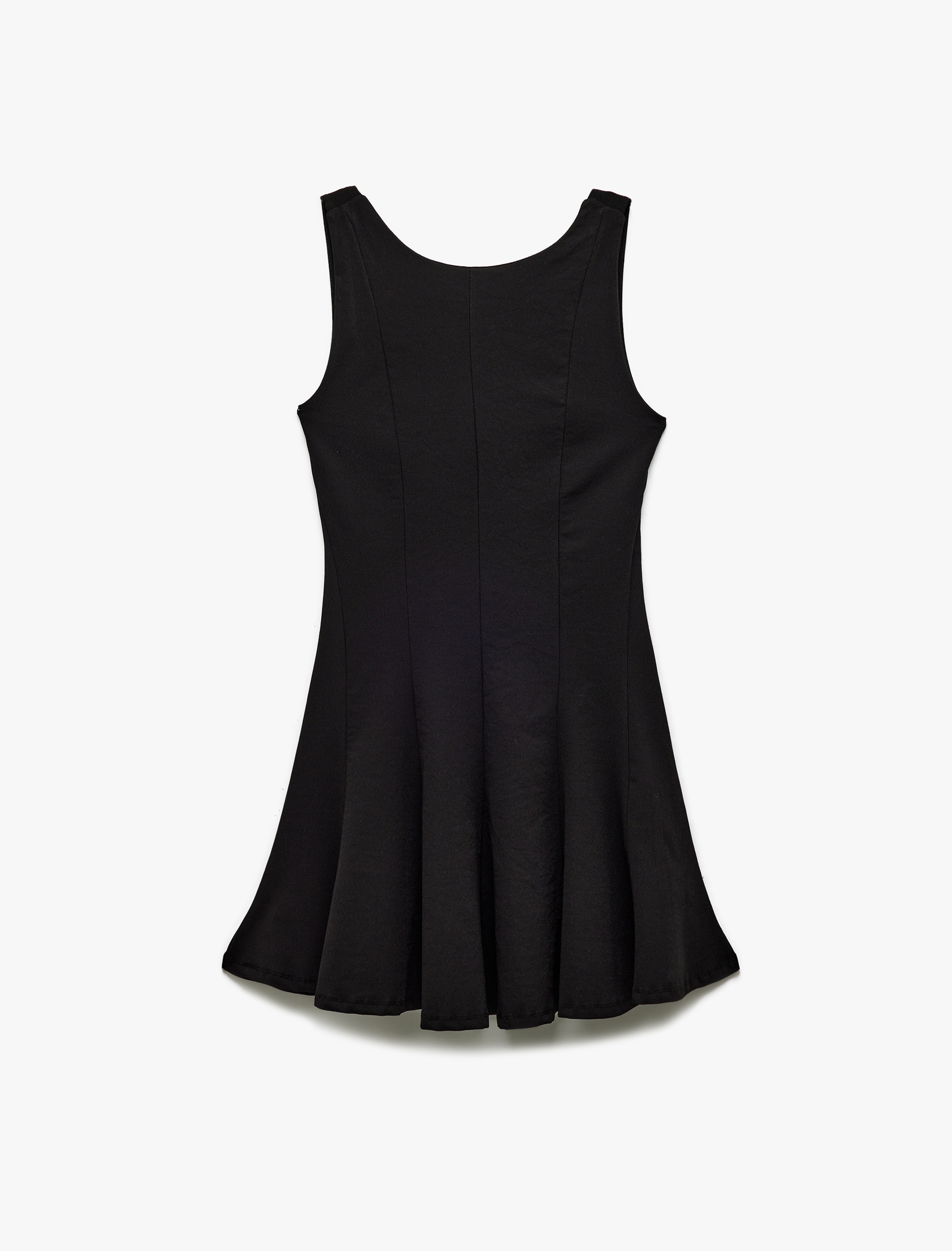   Bisiklet Yaka Dikiş Detaylı Kolsuz Volanlı Mini Kloş Elbise