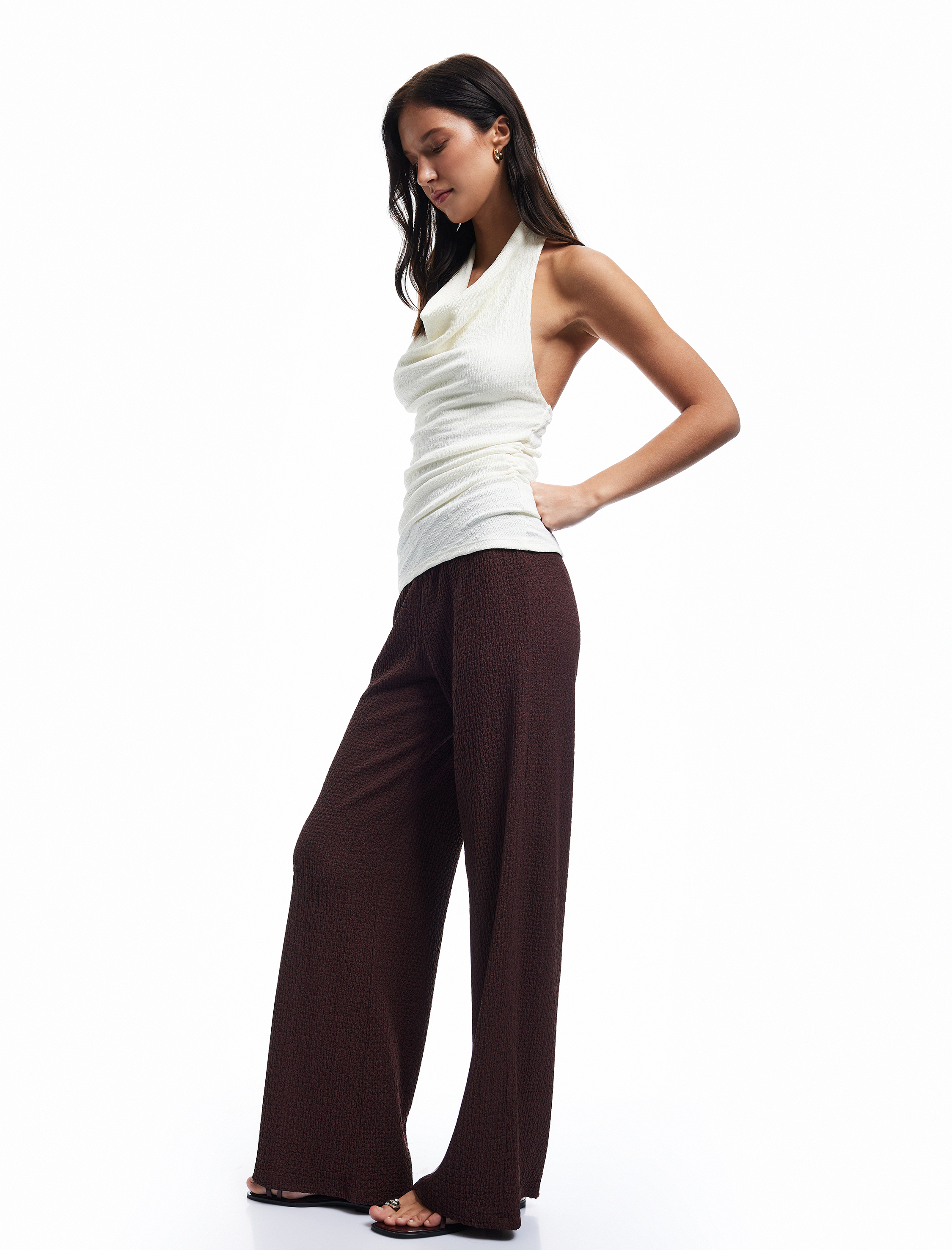   Standart Bel Dokulu Düz Geniş Paça Pantolon