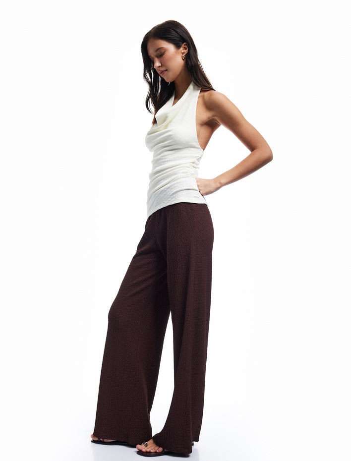  Standart Bel Dokulu Düz Geniş Paça Pantolon