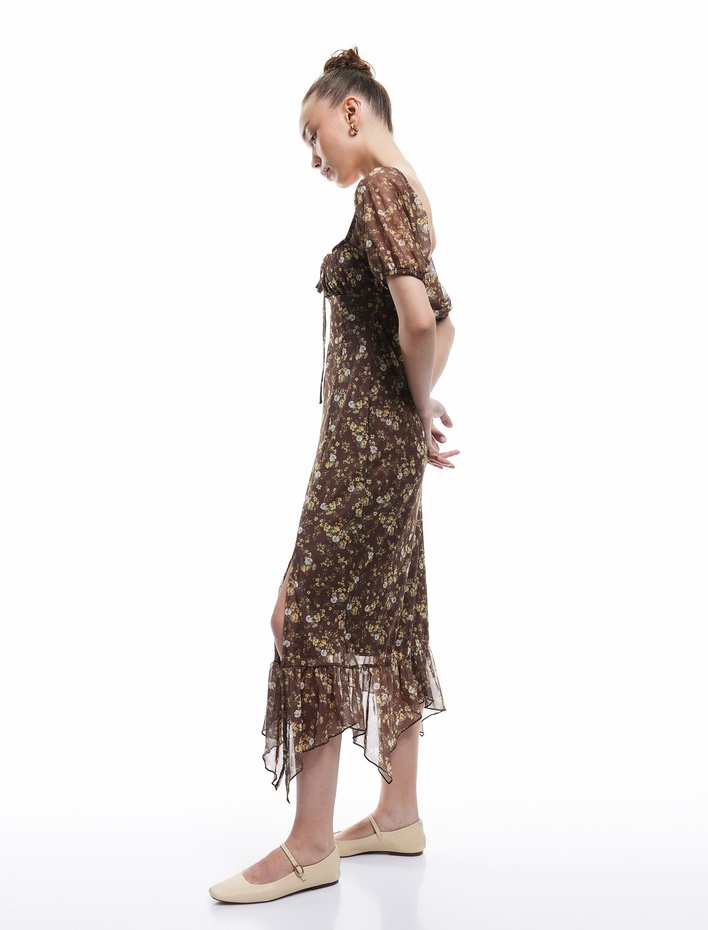  U Yaka Kısa Balon Kollu Yırtmaçlı Asimetrik Çiçekli Midi Tül Elbise