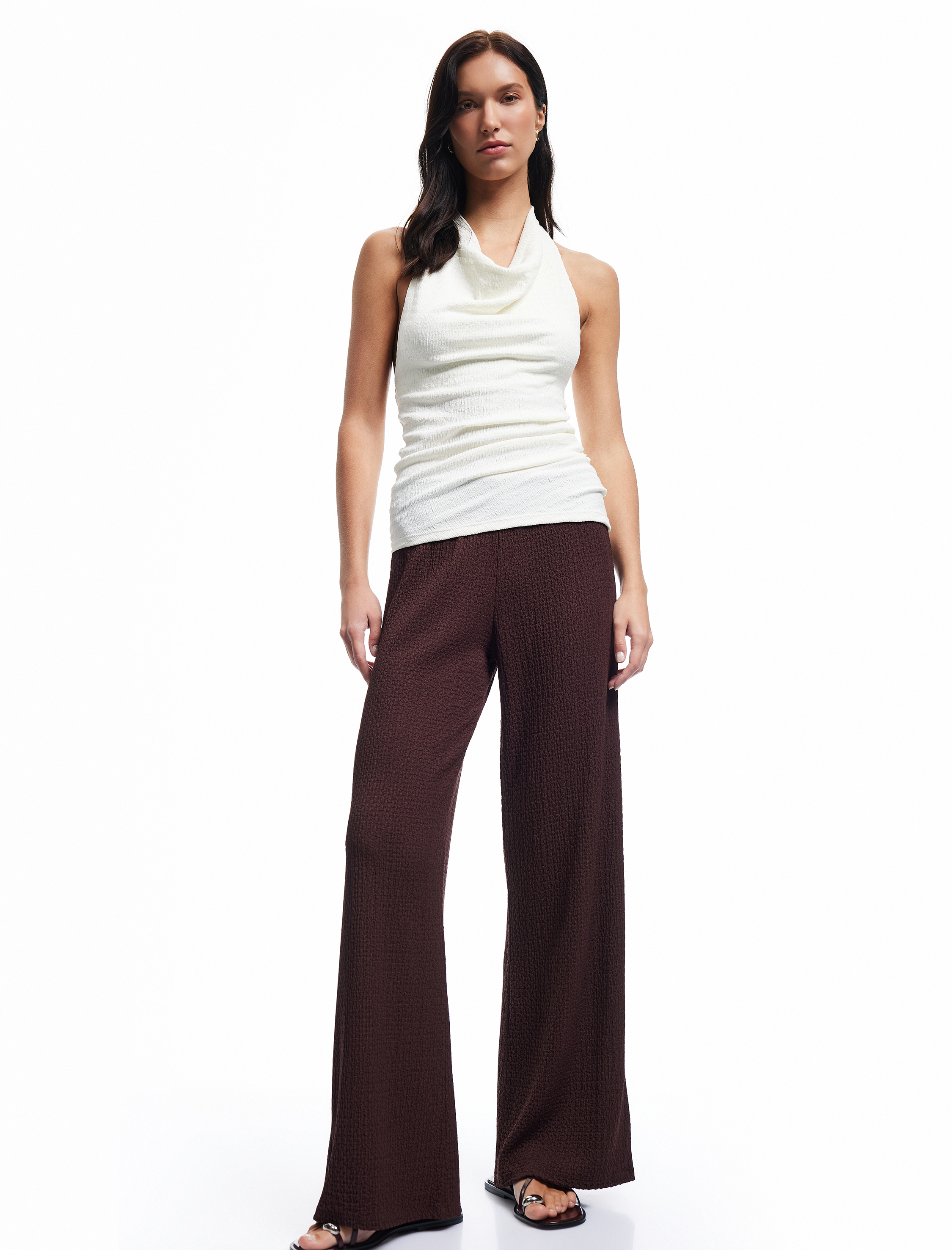   Standart Bel Dokulu Düz Geniş Paça Pantolon