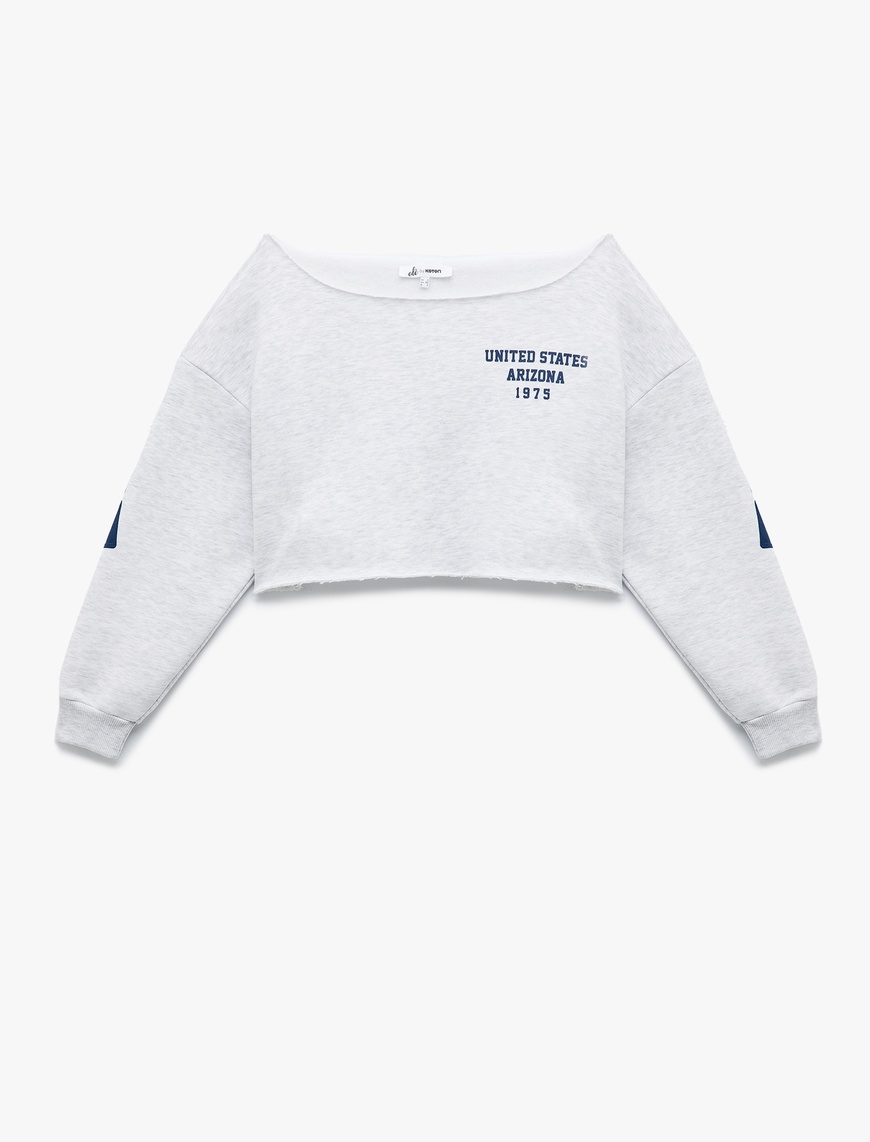   Kayık Yaka Baskılı Crop Sweashirt