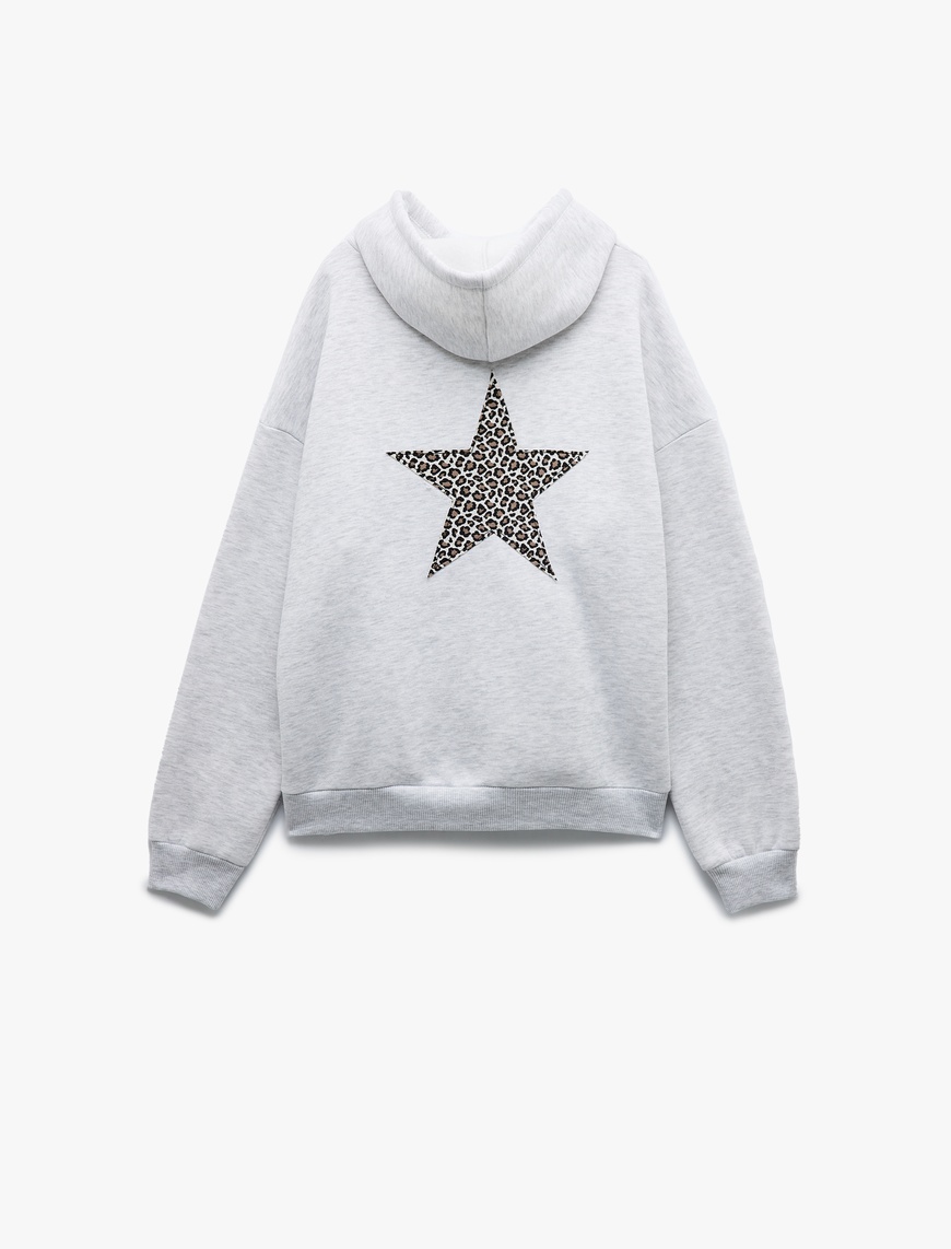   Cep Detaylı Kapüşonlu Leopar Detaylı Arkası Baskılı Oversize Sweatshirt