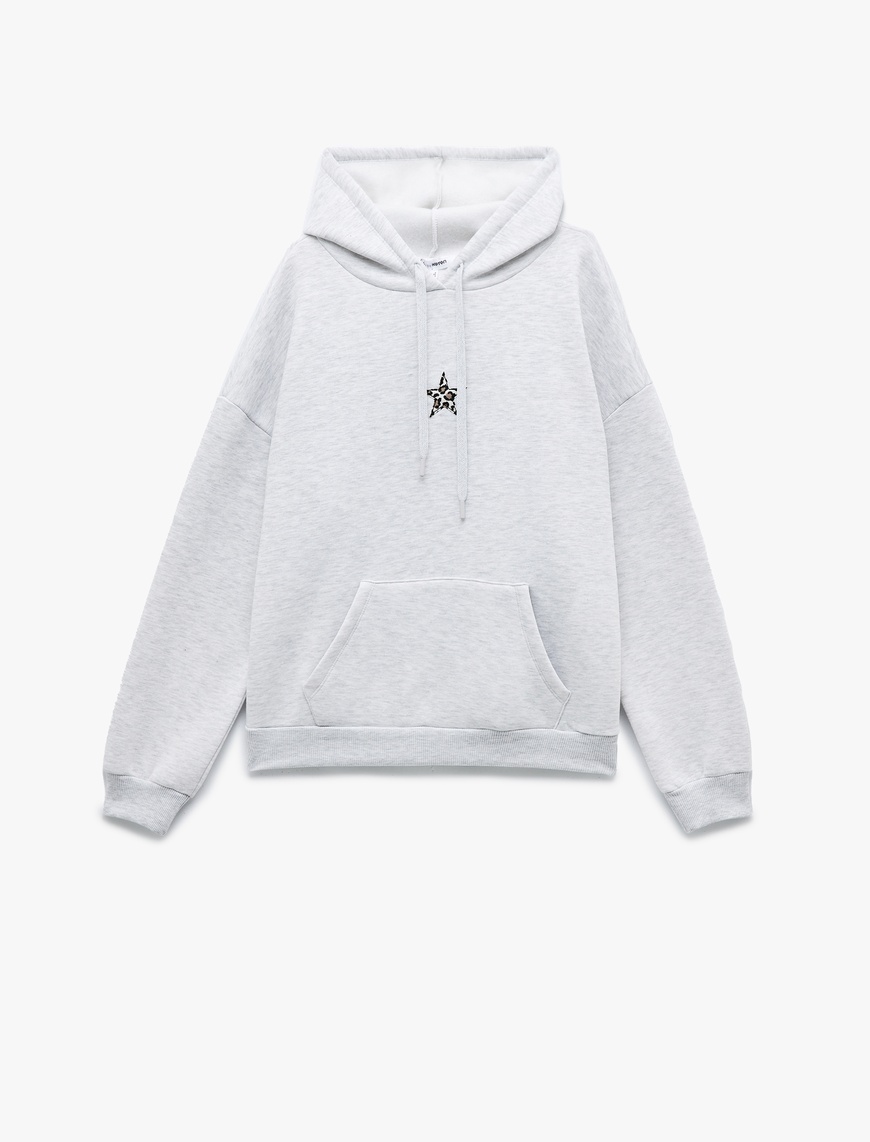   Cep Detaylı Kapüşonlu Leopar Detaylı Arkası Baskılı Oversize Sweatshirt