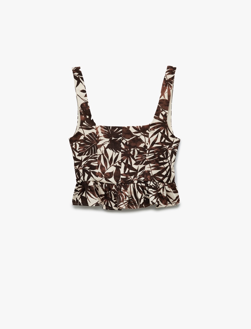   Kare Yaka Floral Desenli Keten Karışımlı Askılı Fırfırlı Crop Büstiyer