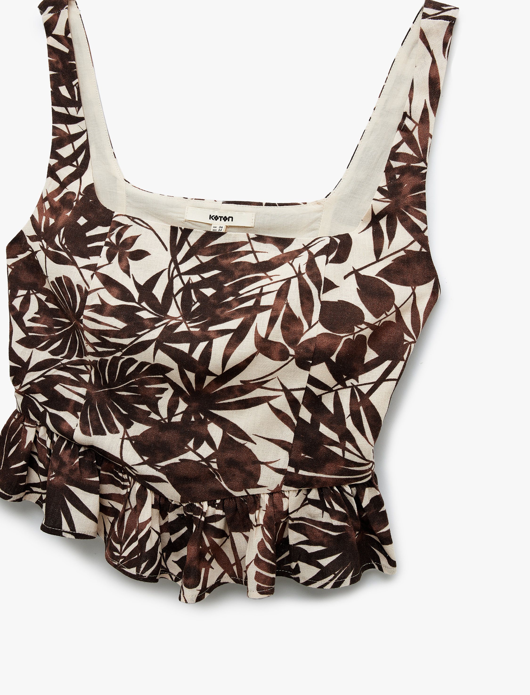   Kare Yaka Floral Desenli Keten Karışımlı Askılı Fırfırlı Crop Büstiyer