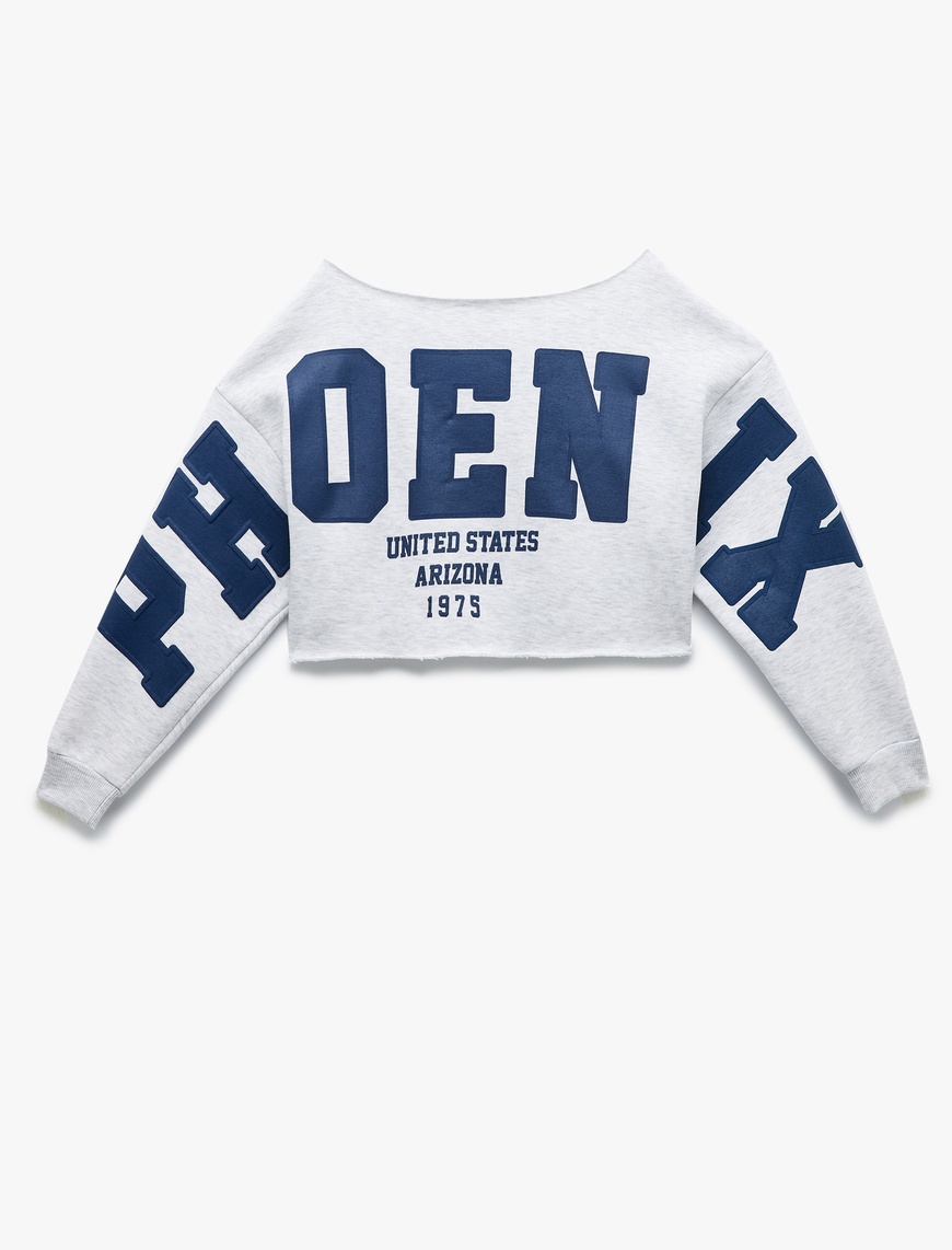   Kayık Yaka Baskılı Crop Sweashirt
