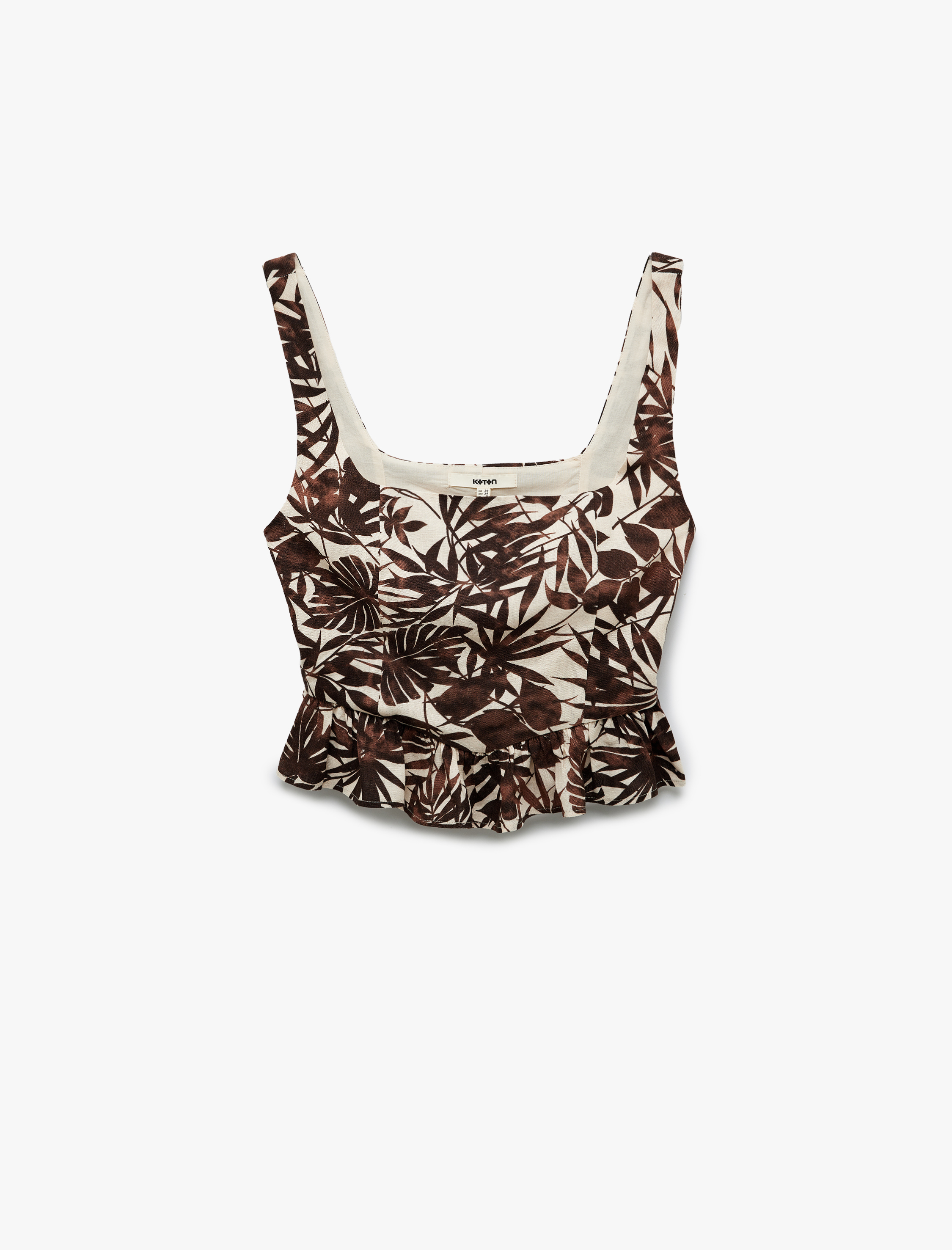   Kare Yaka Floral Desenli Keten Karışımlı Askılı Fırfırlı Crop Büstiyer