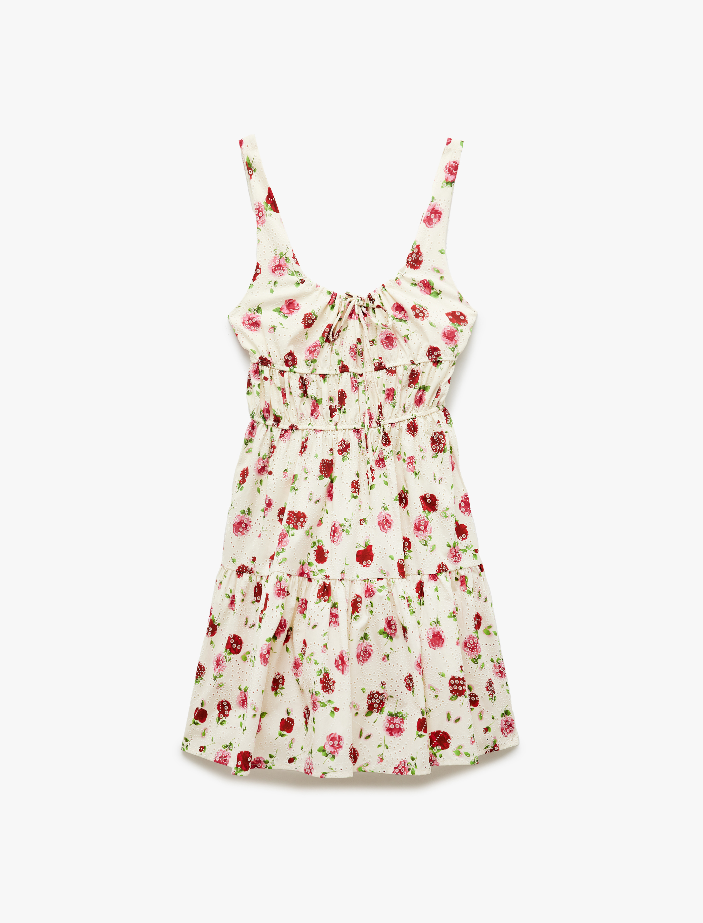   U Yaka Fiyonk Bağlama Detaylı Kolsuz Fistolu Pamuklu Mini Çiçekli Askılı Elbise