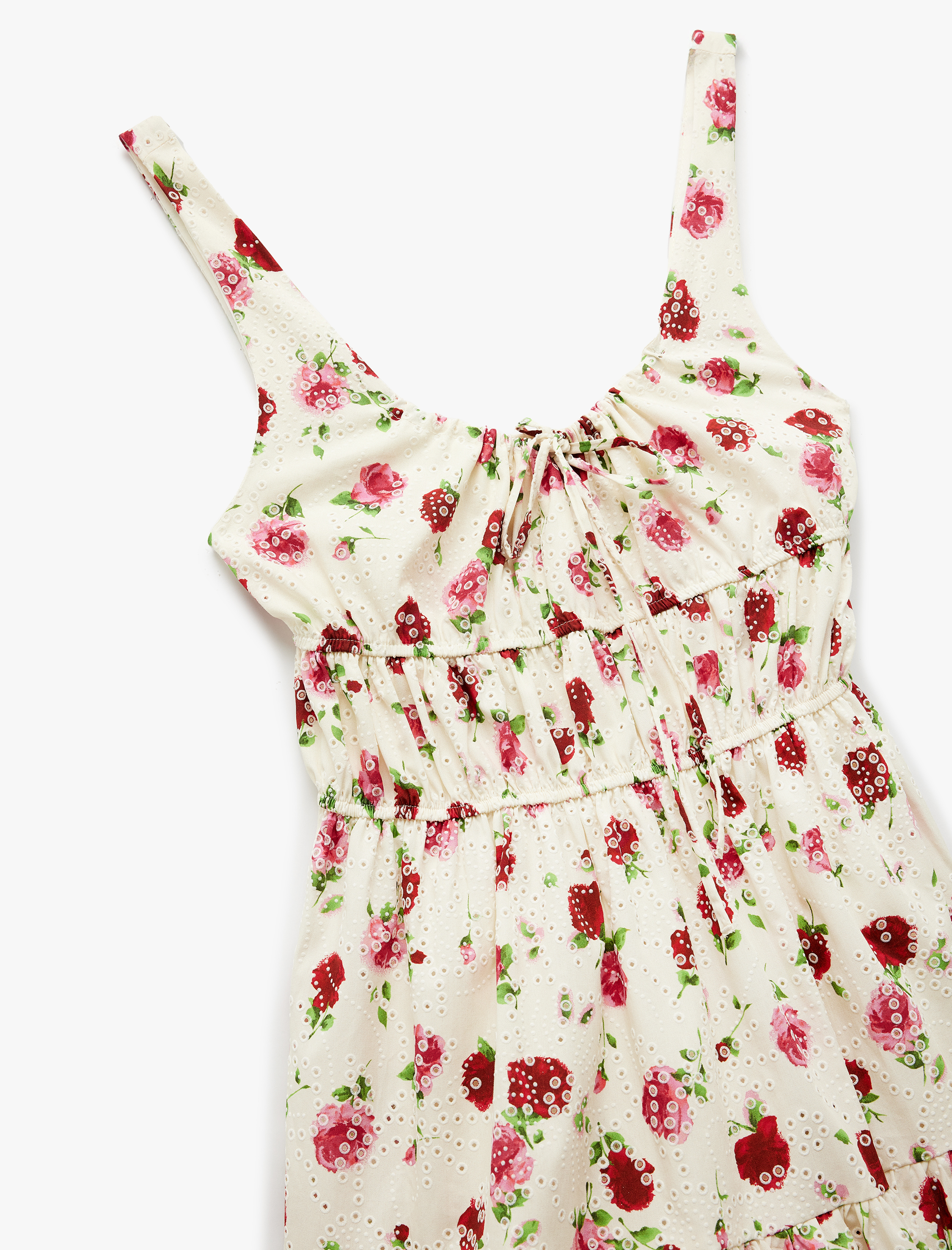   U Yaka Fiyonk Bağlama Detaylı Kolsuz Fistolu Pamuklu Mini Çiçekli Askılı Elbise