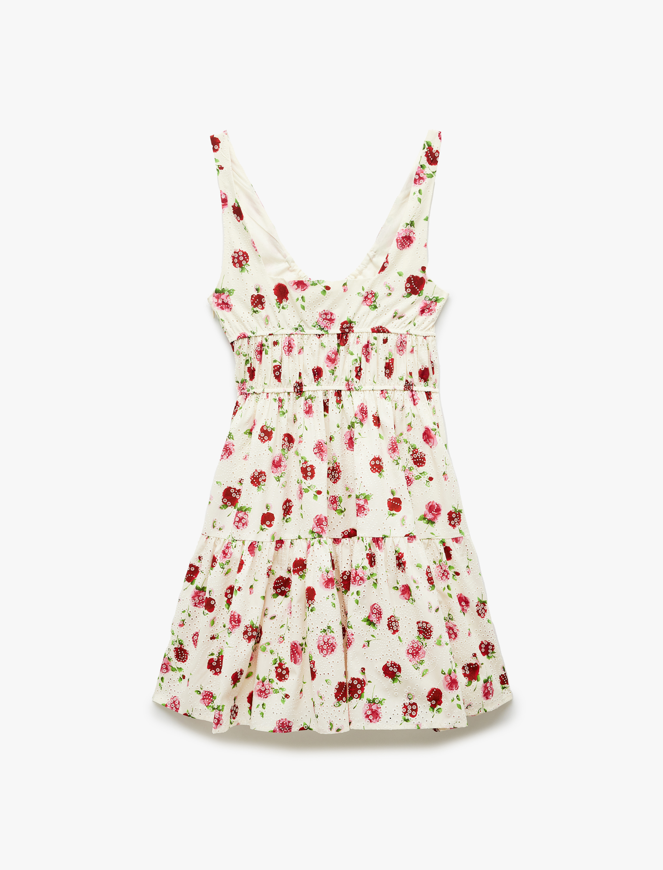   U Yaka Fiyonk Bağlama Detaylı Kolsuz Fistolu Pamuklu Mini Çiçekli Askılı Elbise