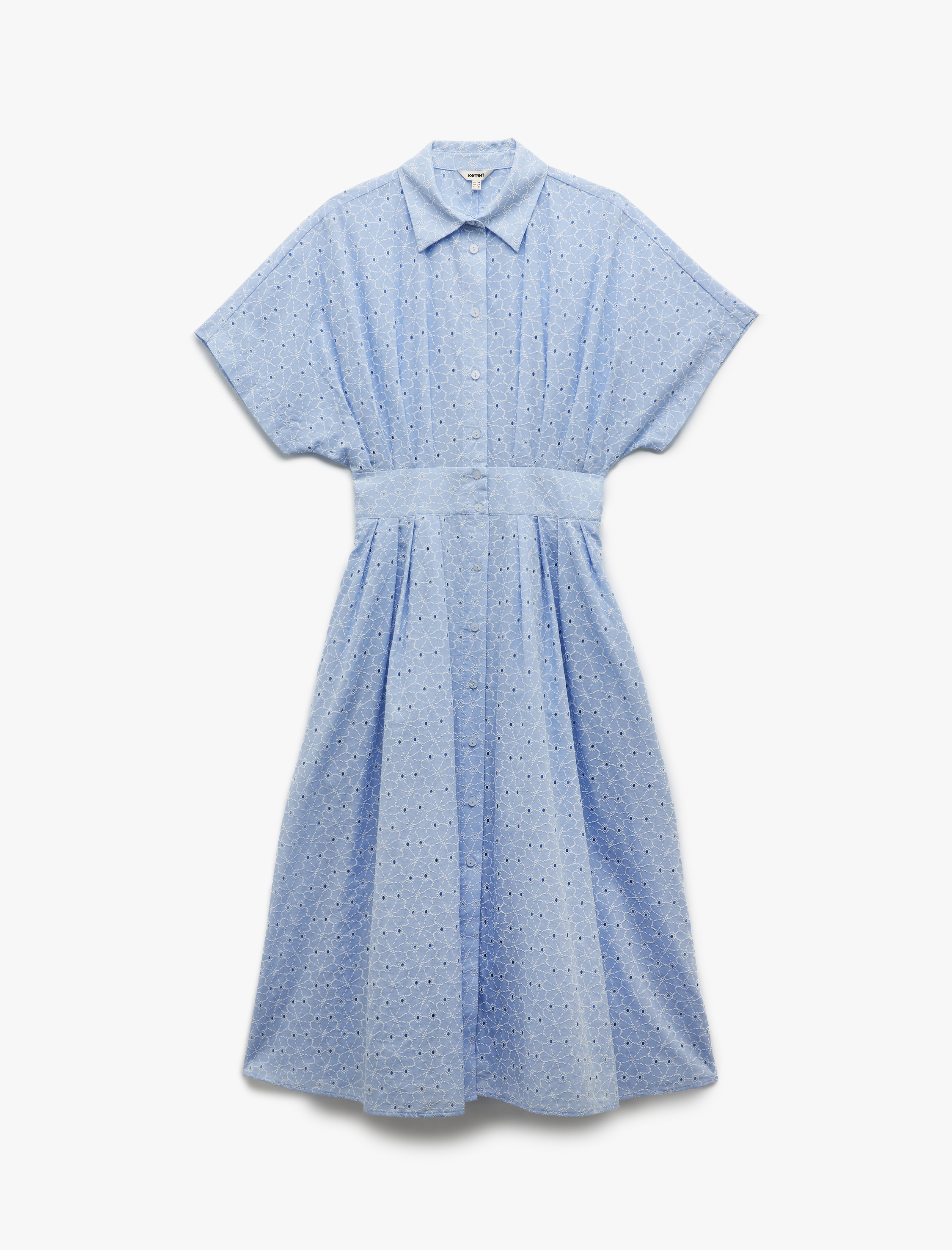   Brodeli Kısa Kollu Gömlek Yaka Pamuklu Midi Elbise