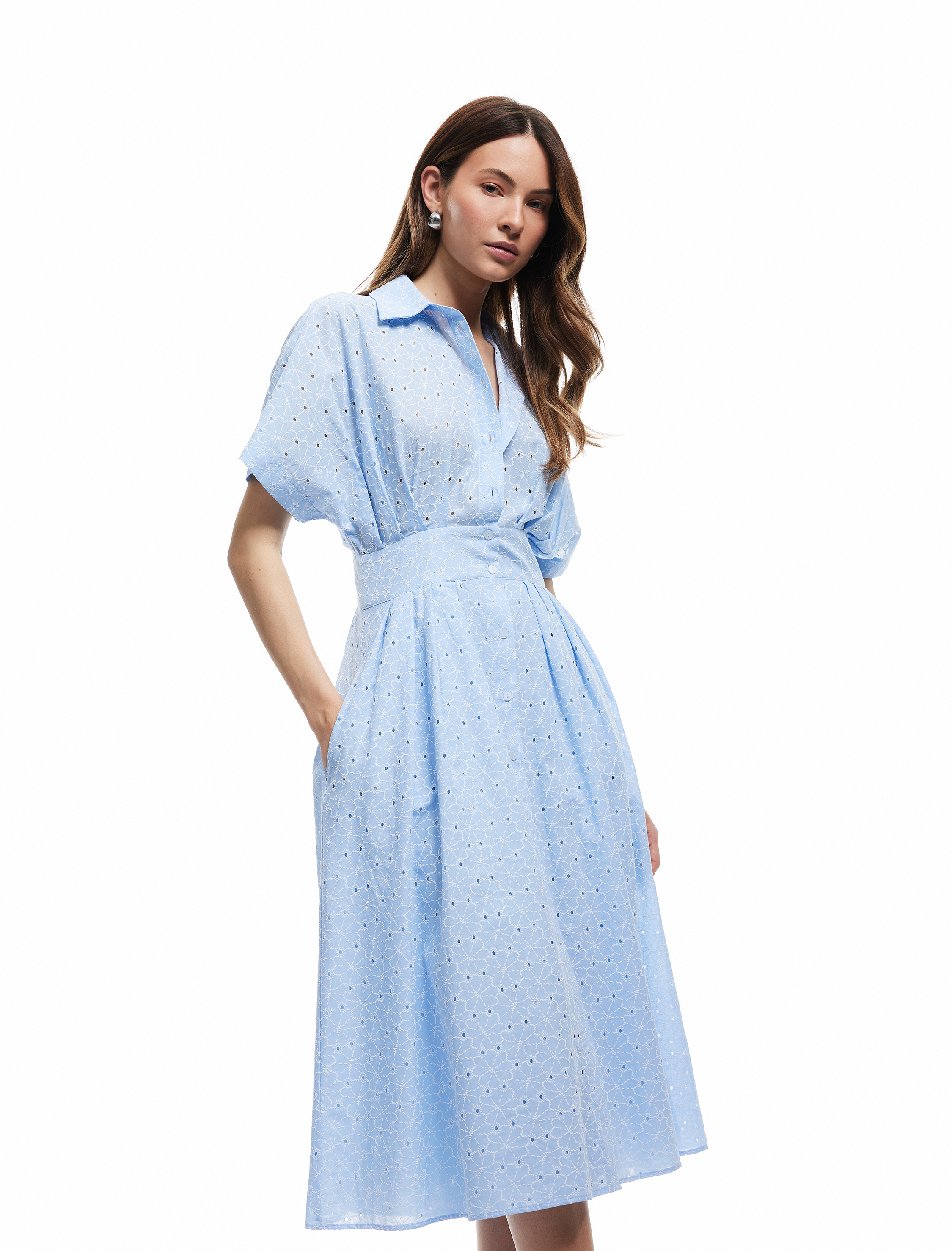   Brodeli Kısa Kollu Gömlek Yaka Pamuklu Midi Elbise