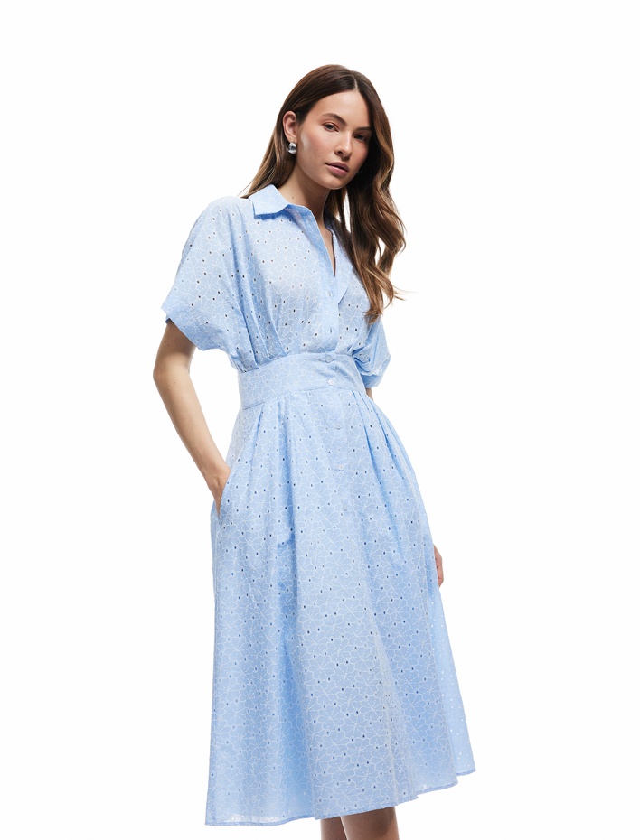  Brodeli Kısa Kollu Gömlek Yaka Pamuklu Midi Elbise