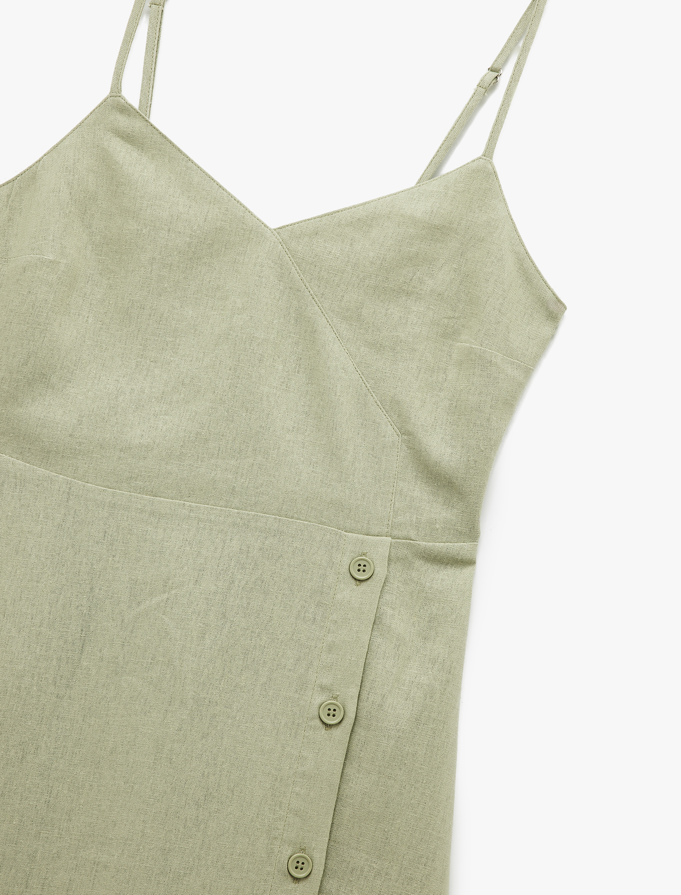   İnce Askılı Düğmeli Keten ve Viskon Karışımlı Midi Elbise