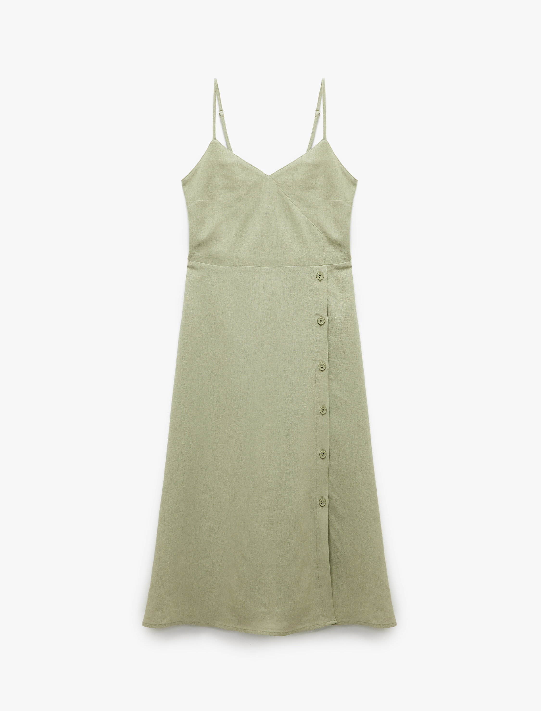   İnce Askılı Düğmeli Keten ve Viskon Karışımlı Midi Elbise