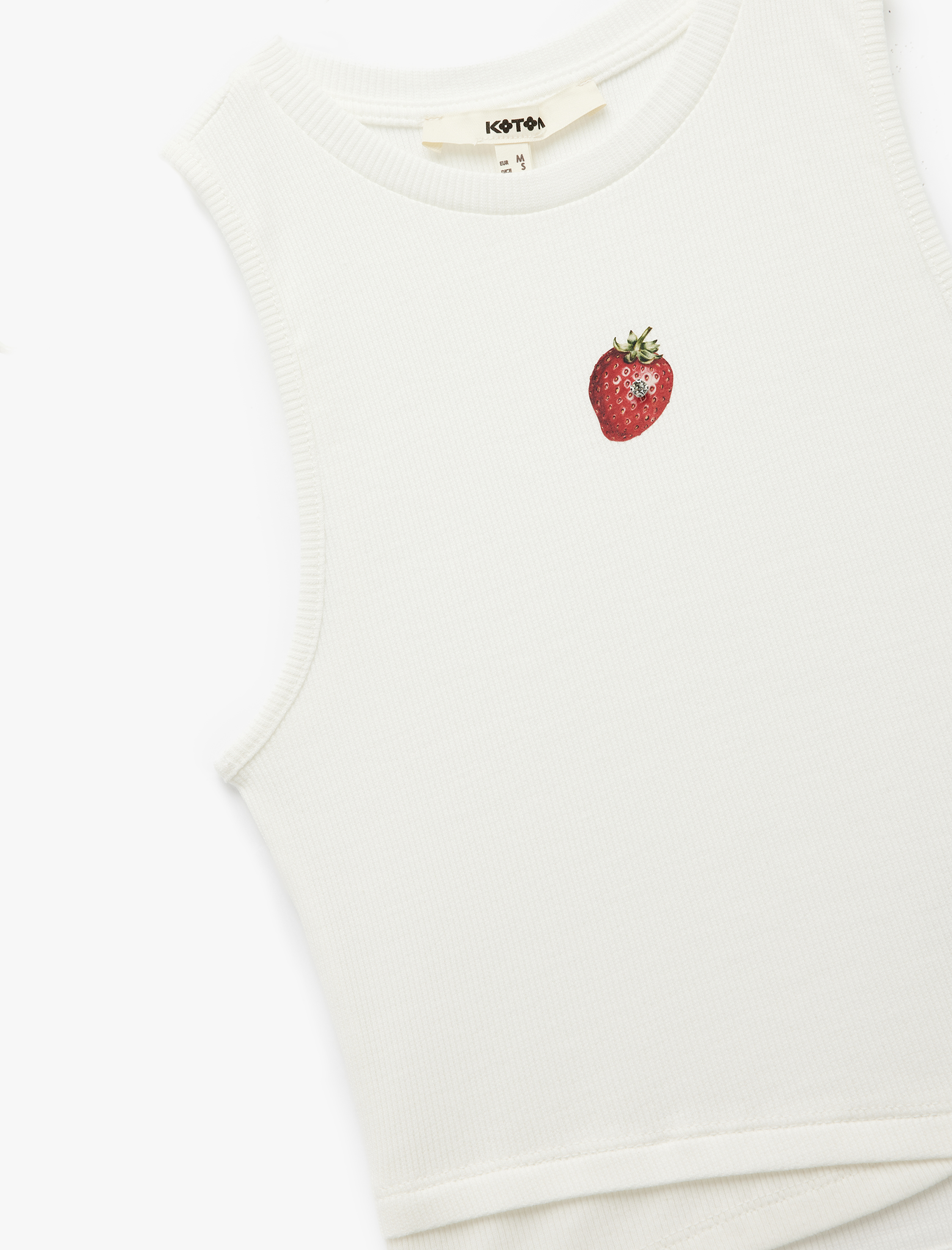   Kolsuz Bisiklet Yaka Çilek Baskılı Fitilli Crop Bluz