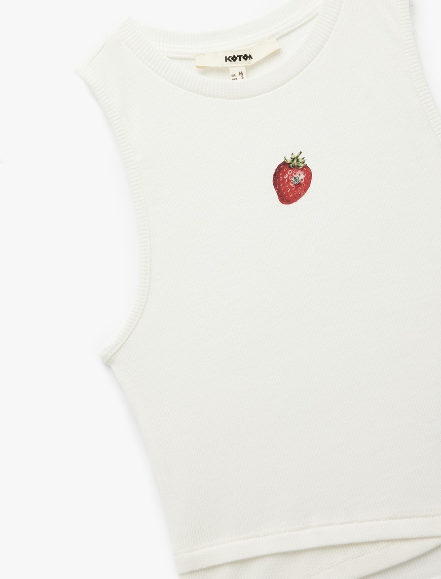   Kolsuz Bisiklet Yaka Çilek Baskılı Fitilli Crop Bluz