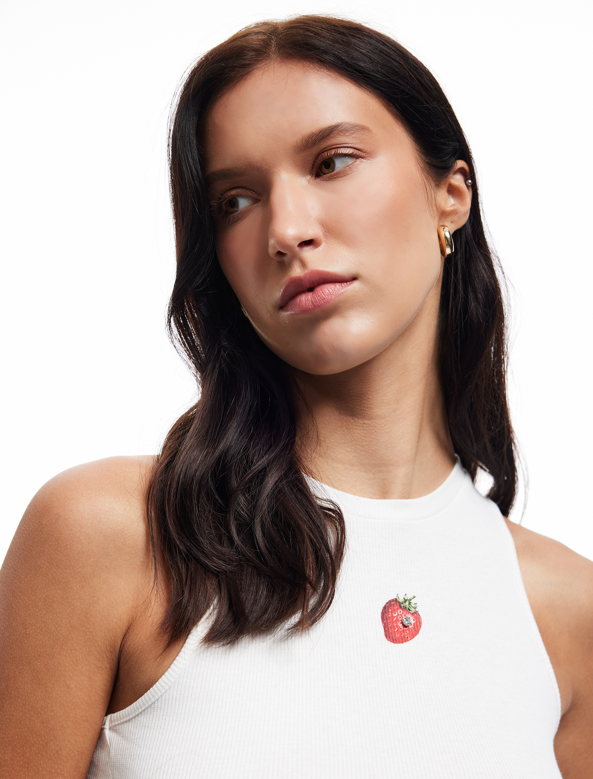   Kolsuz Bisiklet Yaka Çilek Baskılı Fitilli Crop Bluz