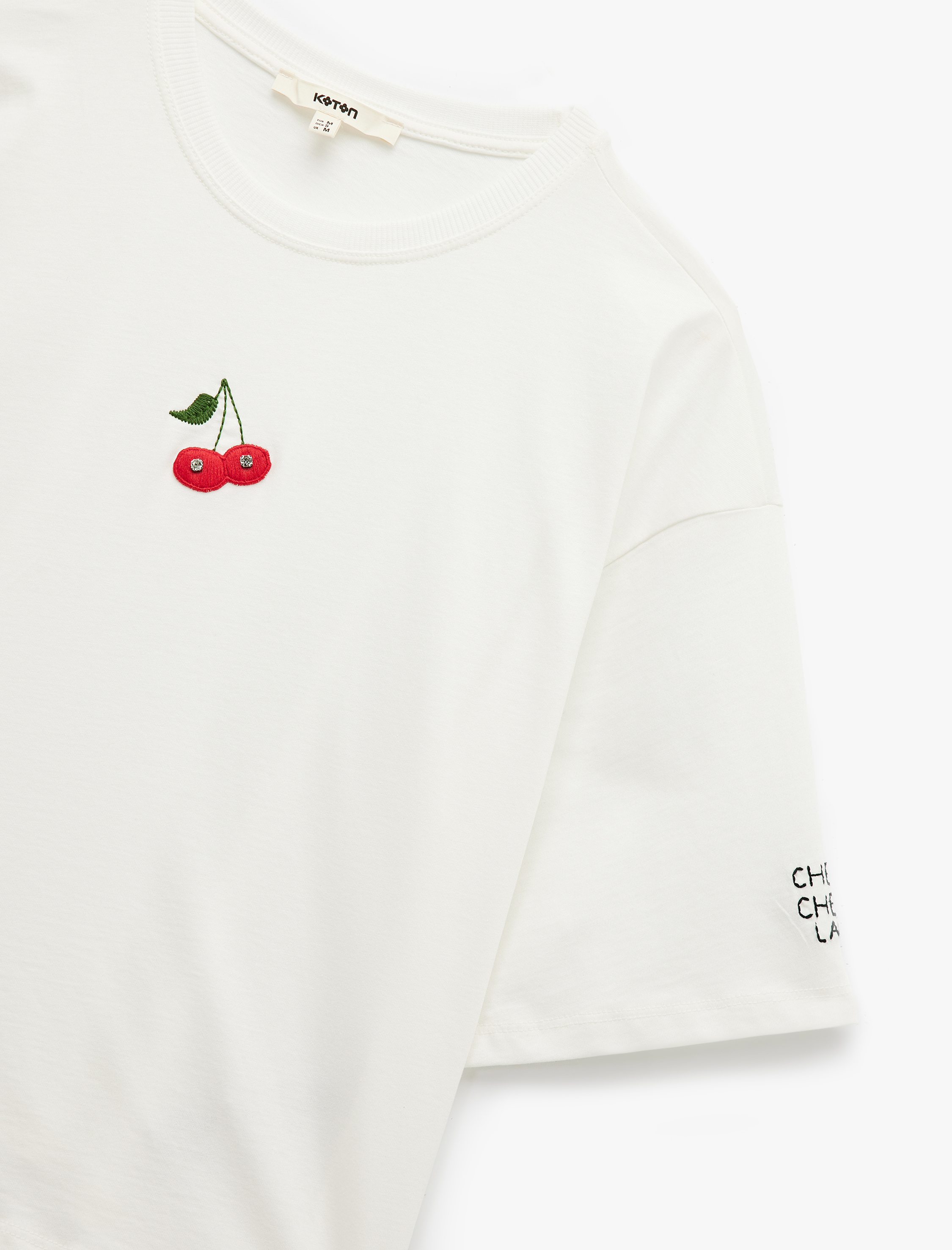 Kısa Kollu Bisiklet Yaka Pamuklu Kiraz İşlemeli Crop Tişört