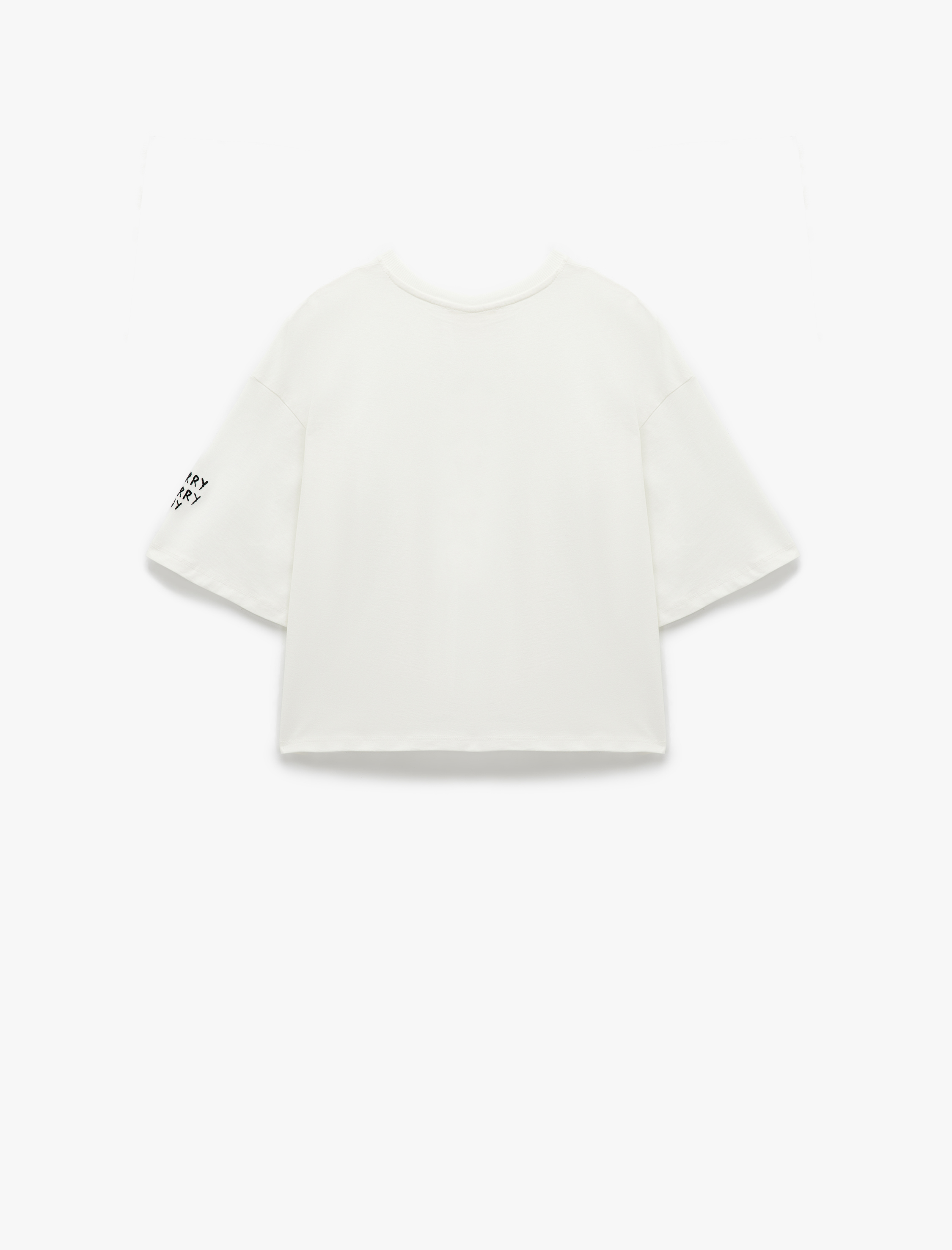 Kısa Kollu Bisiklet Yaka Pamuklu Kiraz İşlemeli Crop Tişört