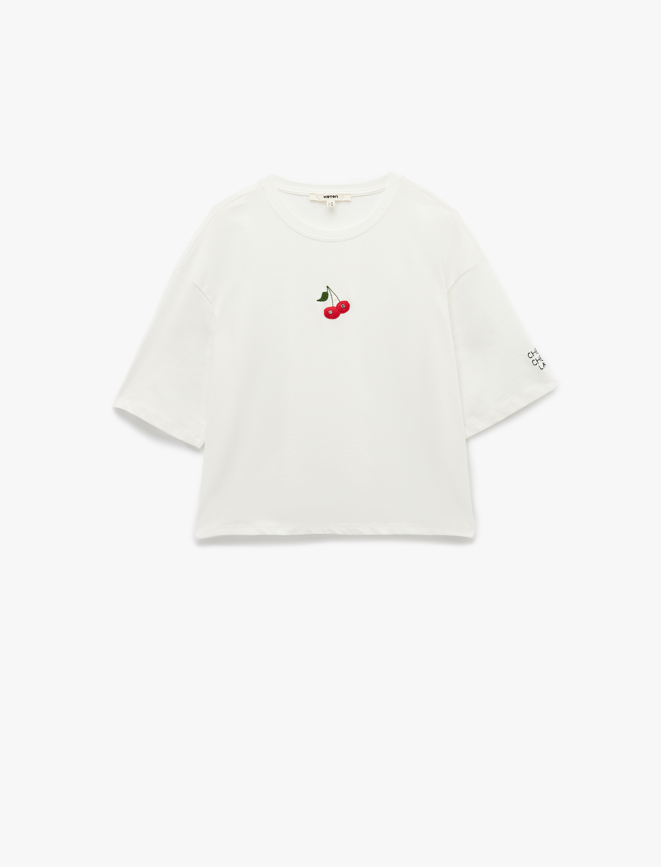 Kısa Kollu Bisiklet Yaka Pamuklu Kiraz İşlemeli Crop Tişört