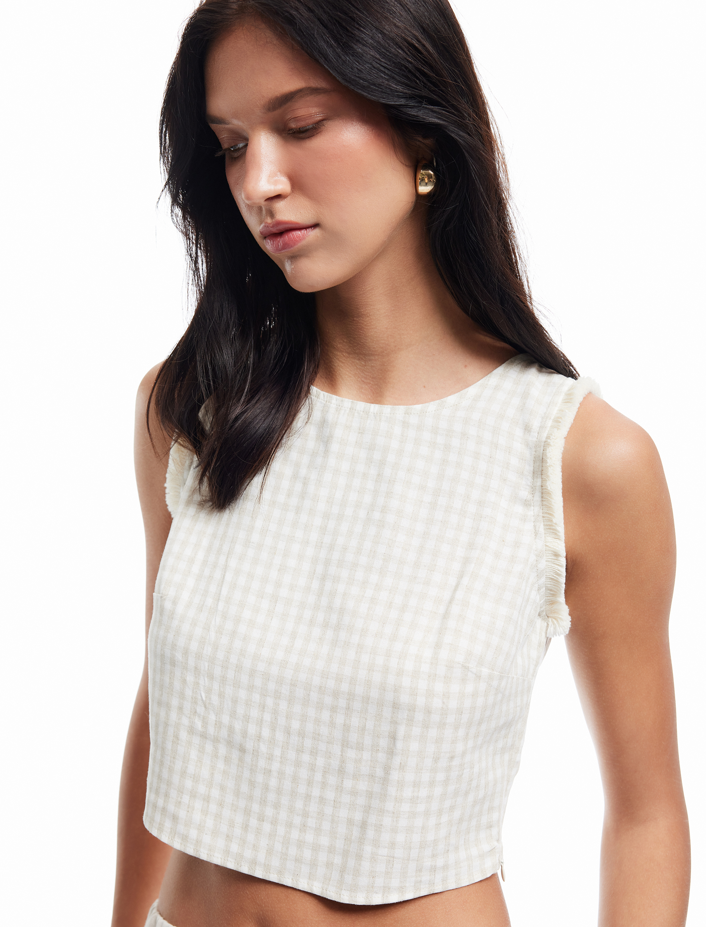   Pötikareli Bisiklet Yaka Kolsuz Keten Karışımlı Bluz