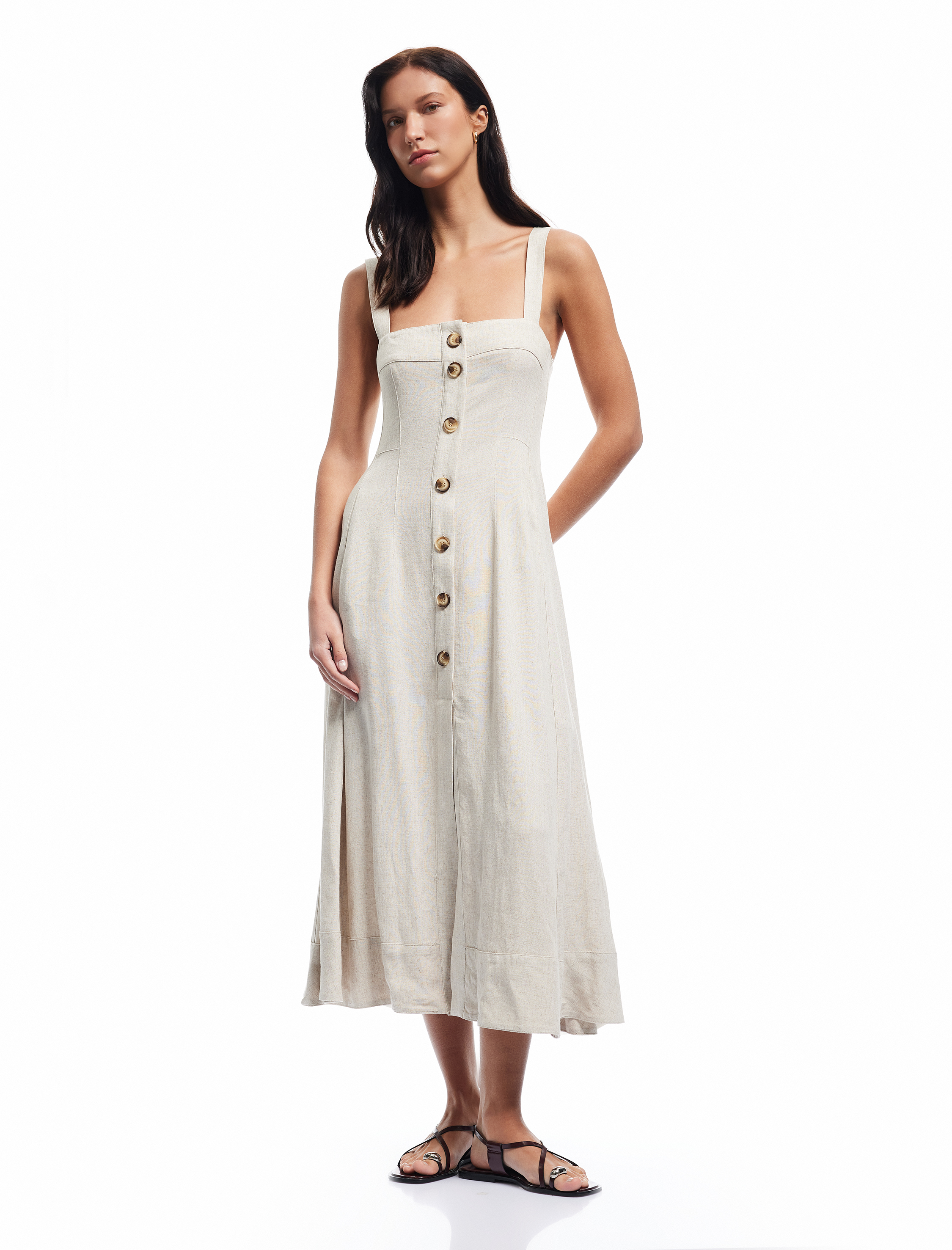   Keten Karışımlı Düğmeli Uzun Kare Yaka Askılı Elbise