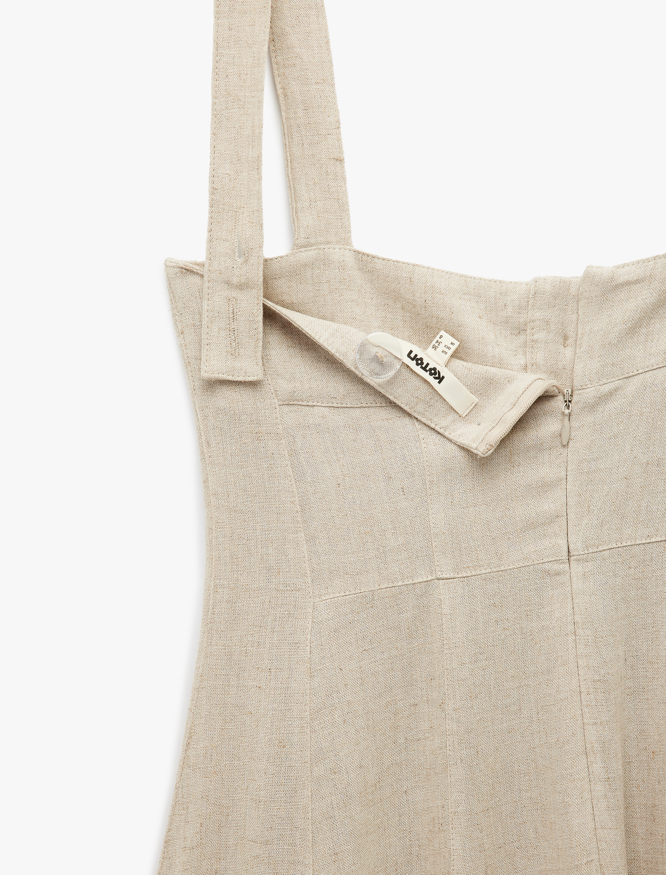   Keten Karışımlı Düğmeli Uzun Kare Yaka Askılı Elbise