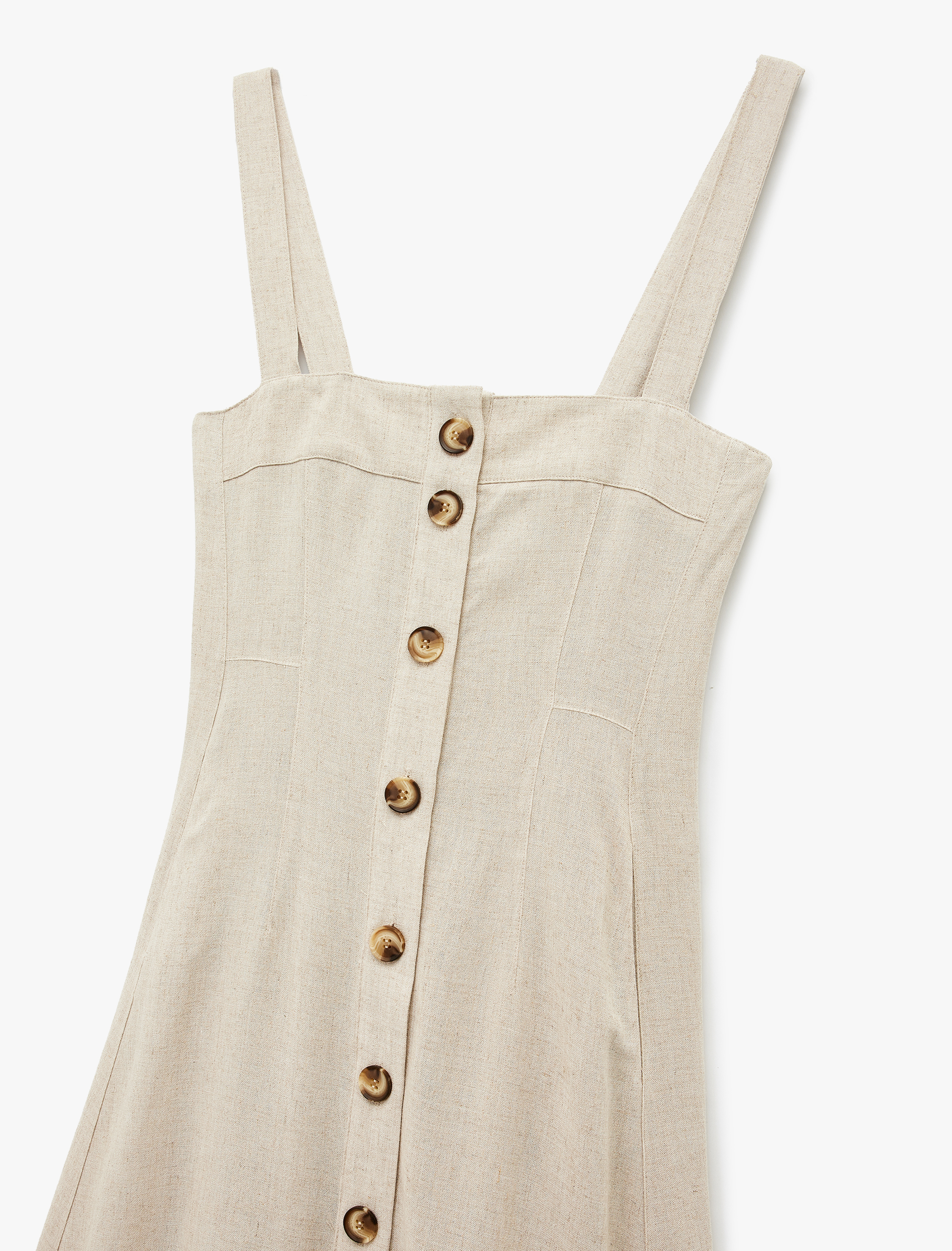   Keten Karışımlı Düğmeli Uzun Kare Yaka Askılı Elbise