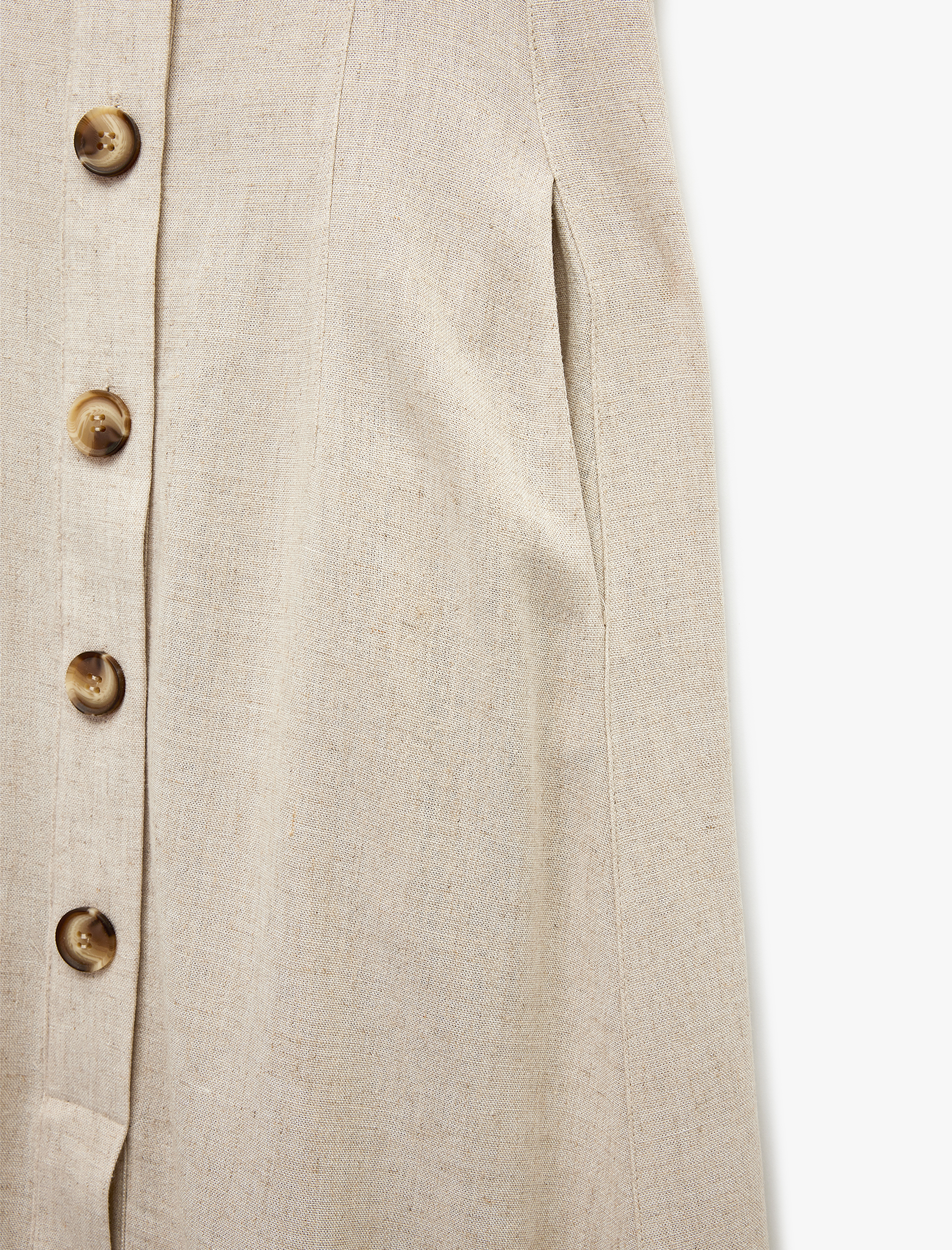   Keten Karışımlı Düğmeli Uzun Kare Yaka Askılı Elbise