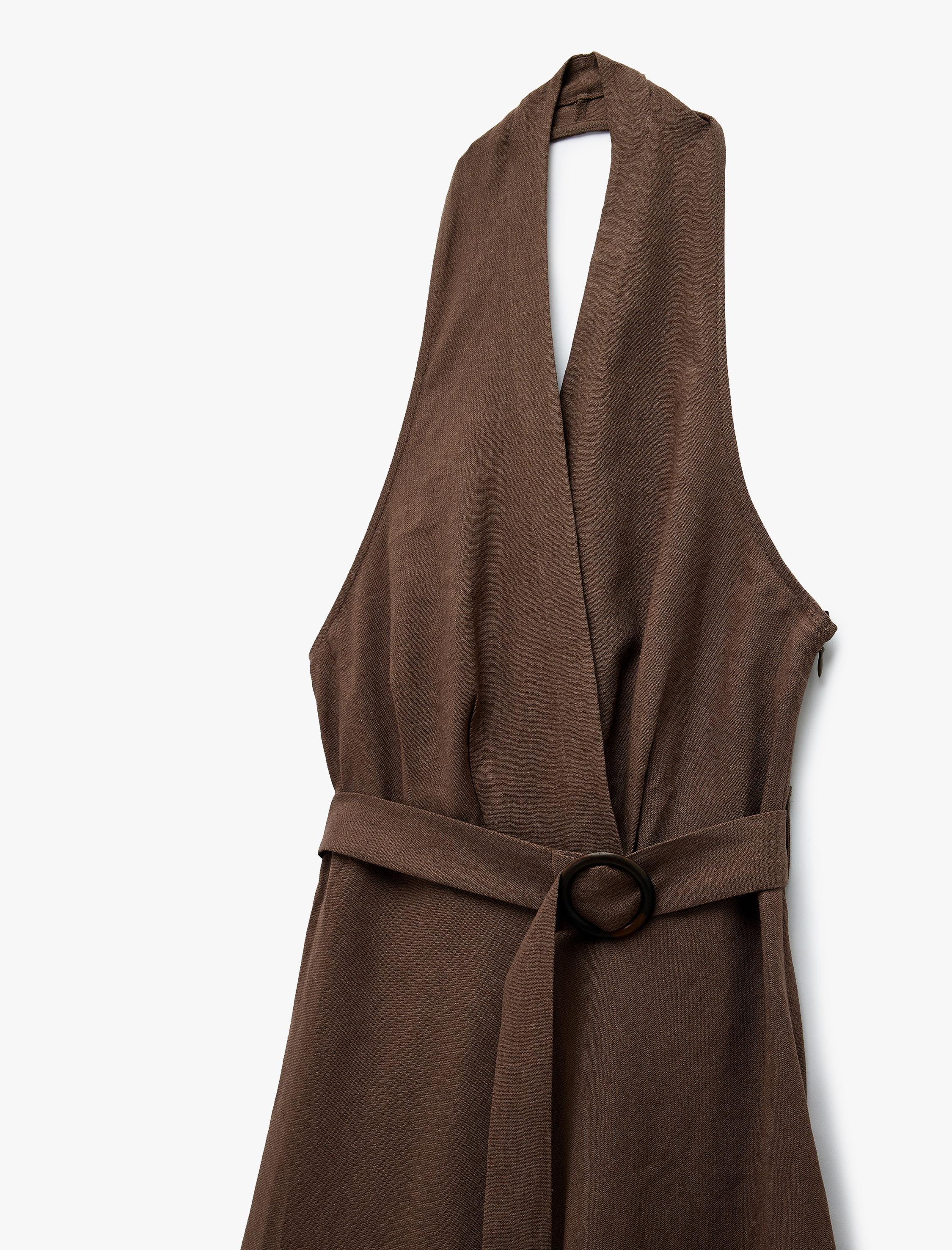   Sırt Dekolteli Kemerli Kolsuz Midi Boy Halter Yaka Kruvaze Keten Elbise