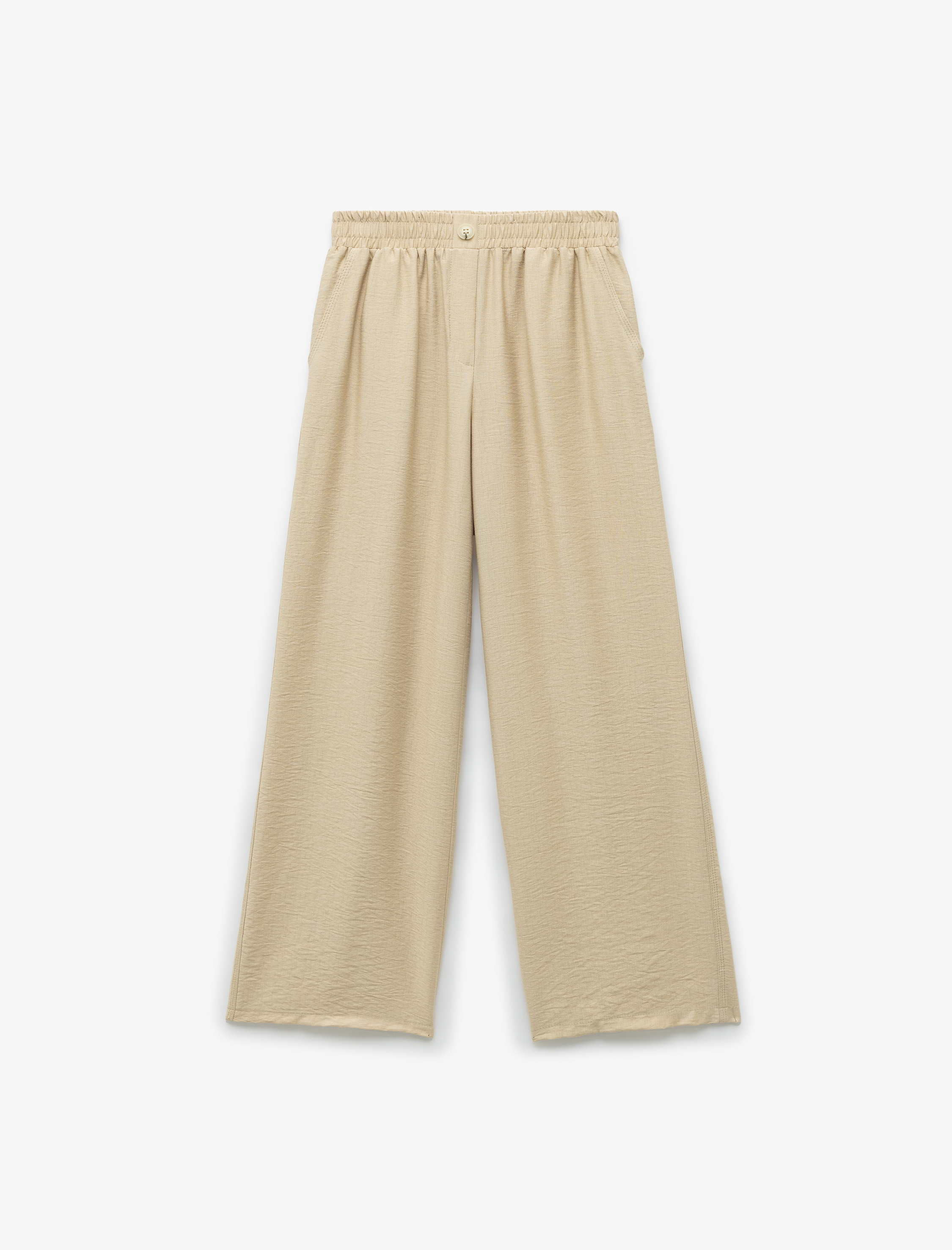   Viskon Kumaş Beli Lastikli Cepli Düz Geniş Paça Pantolon