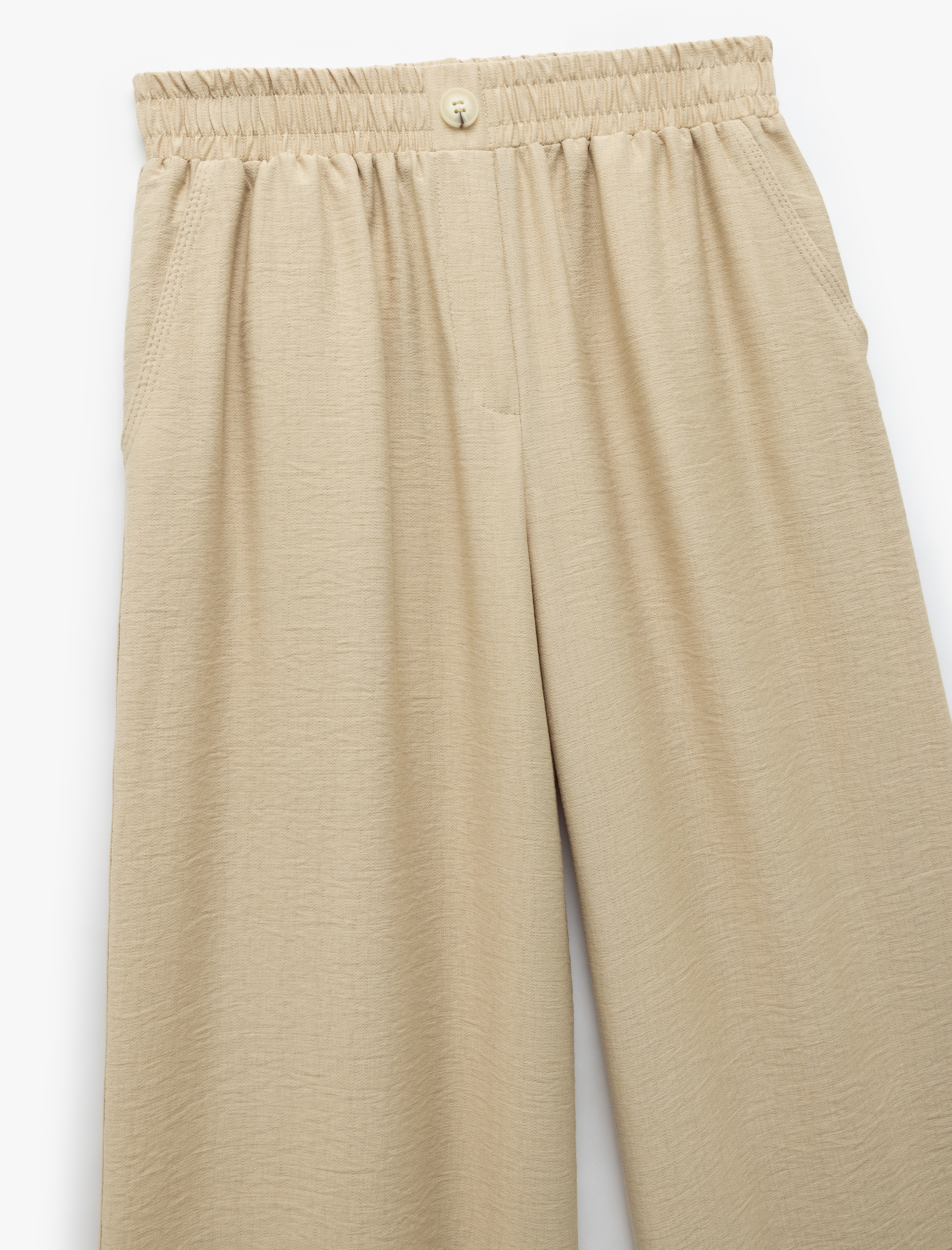   Viskon Kumaş Beli Lastikli Cepli Düz Geniş Paça Pantolon