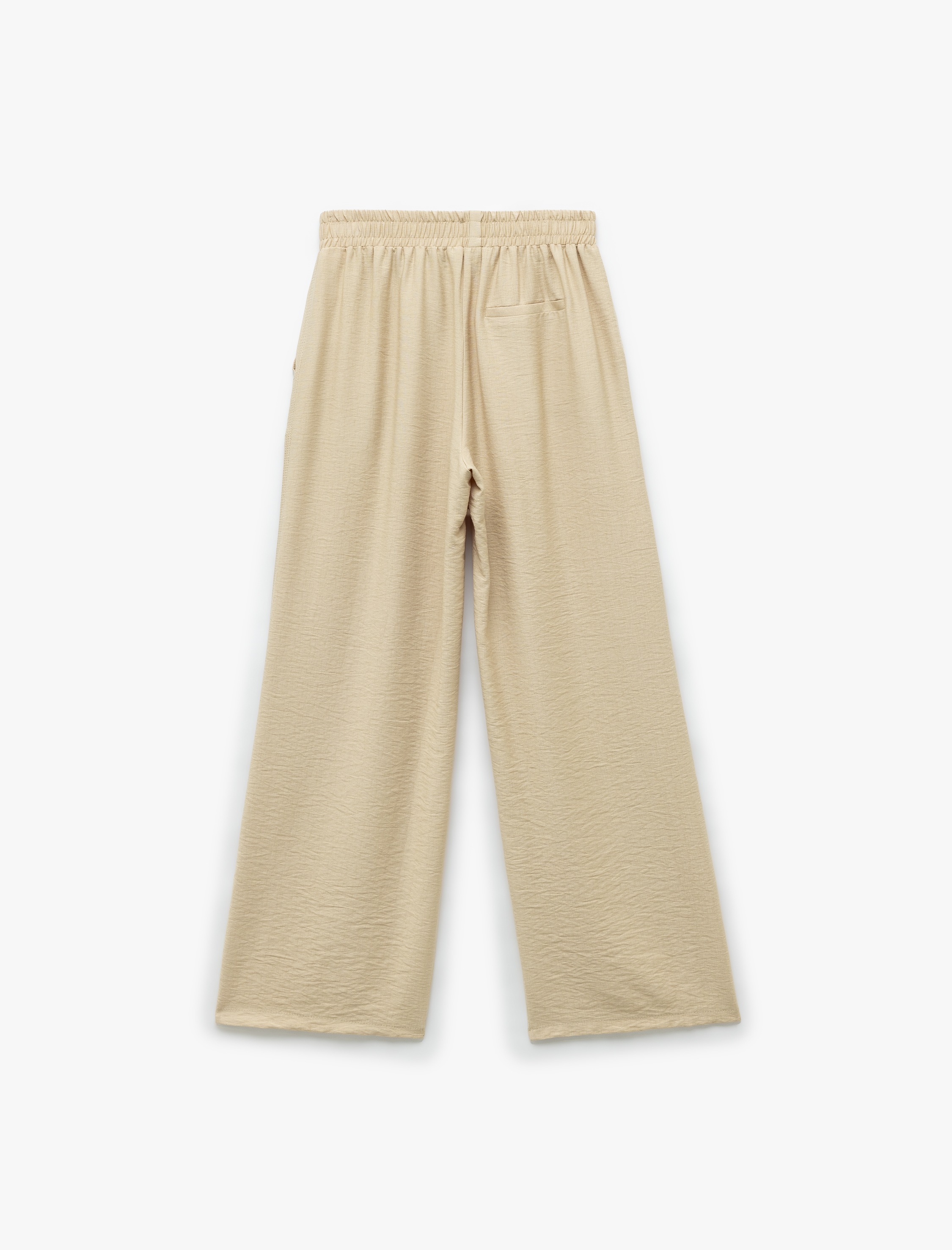   Viskon Kumaş Beli Lastikli Cepli Düz Geniş Paça Pantolon