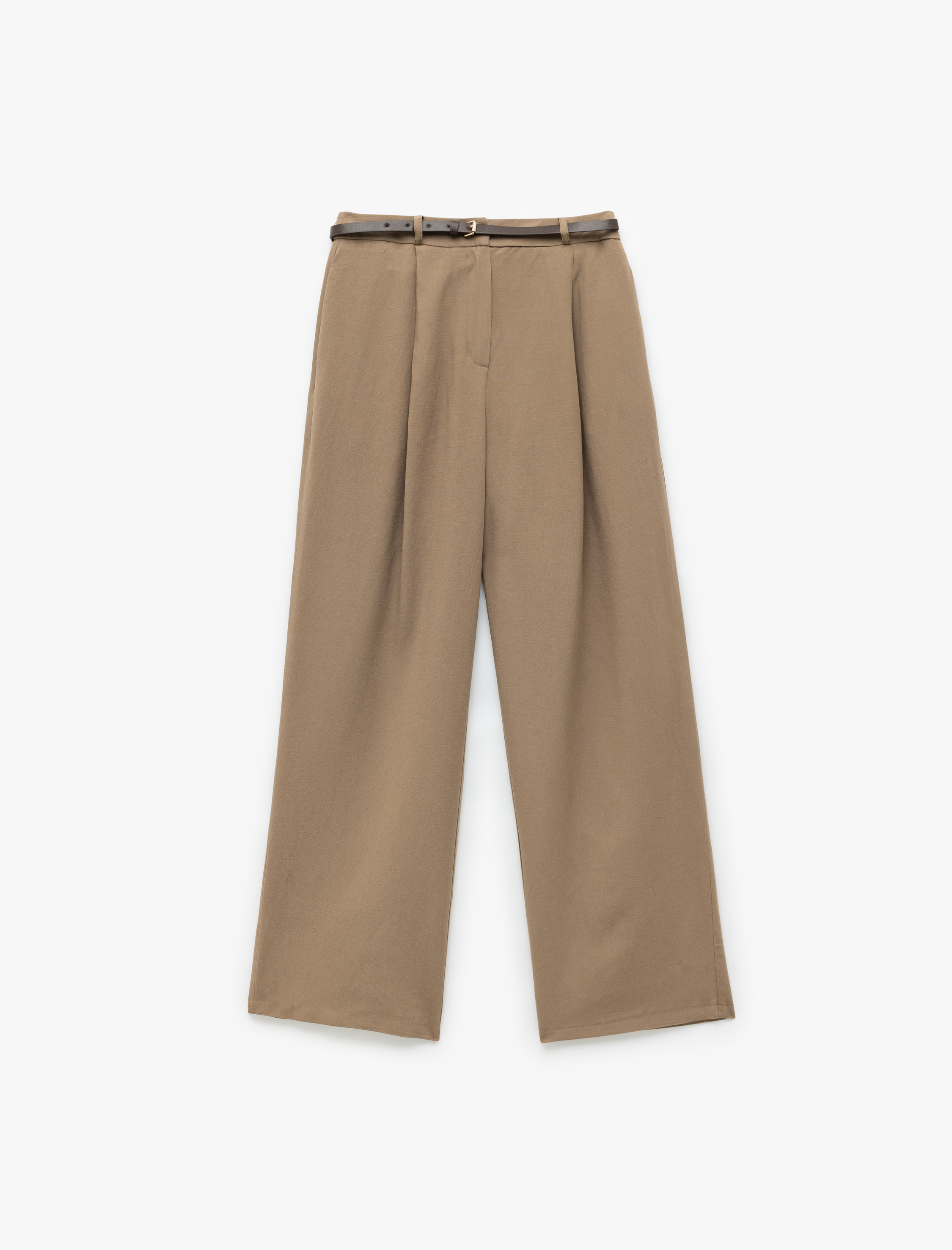   Kemerli Yüksek Bel Geniş Paça Keten Karışımlı Pantolon