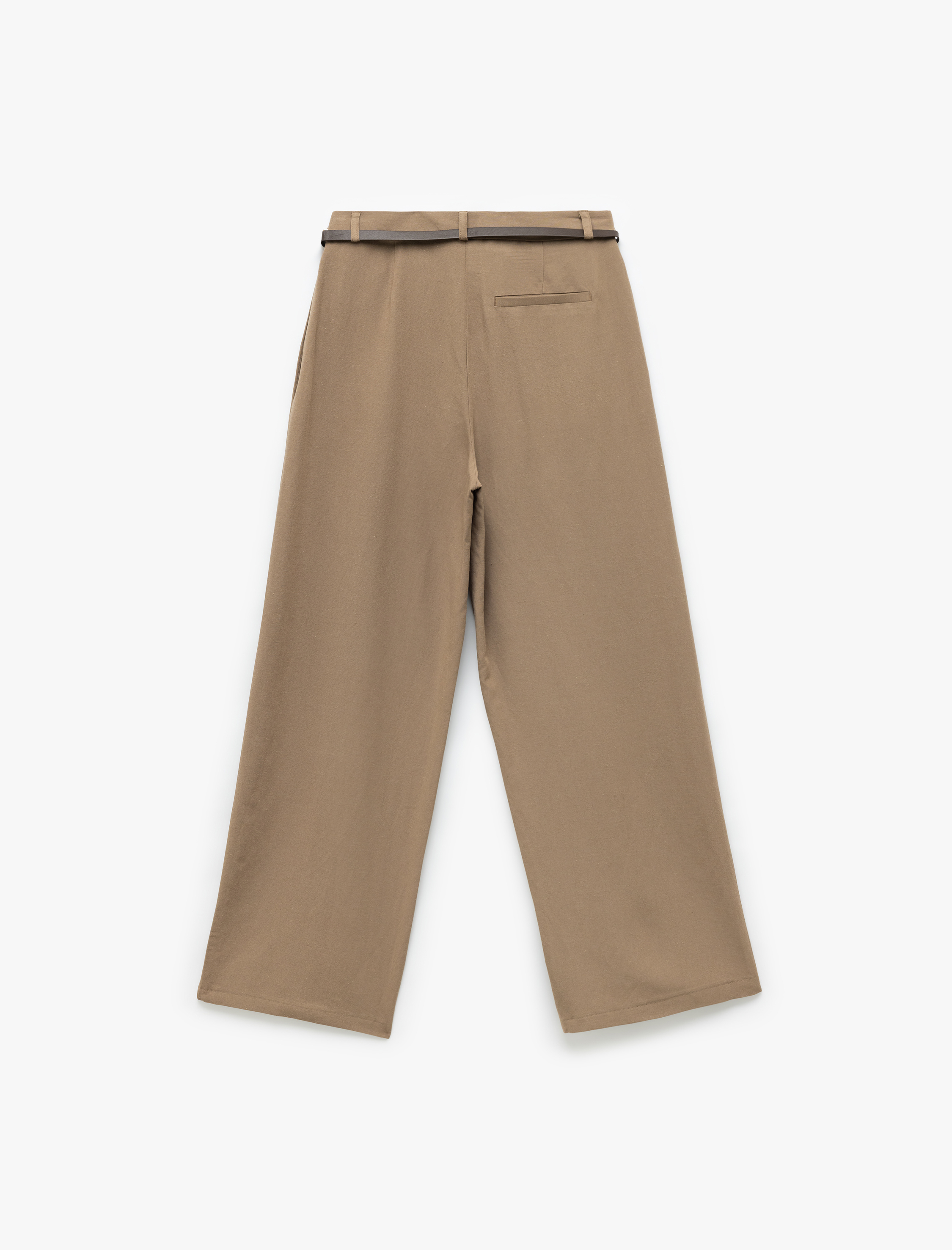   Kemerli Yüksek Bel Geniş Paça Keten Karışımlı Pantolon