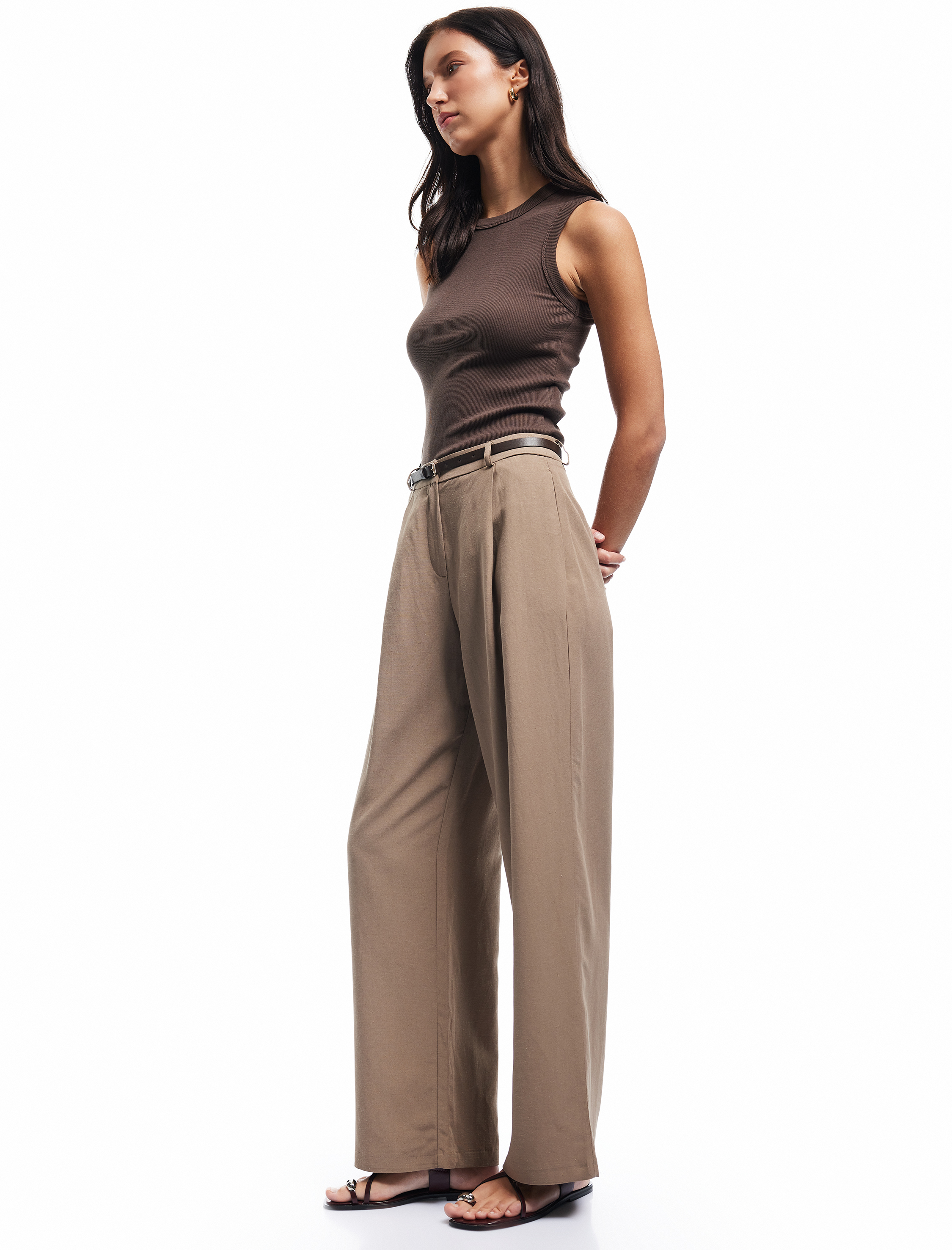   Kemerli Yüksek Bel Geniş Paça Keten Karışımlı Pantolon