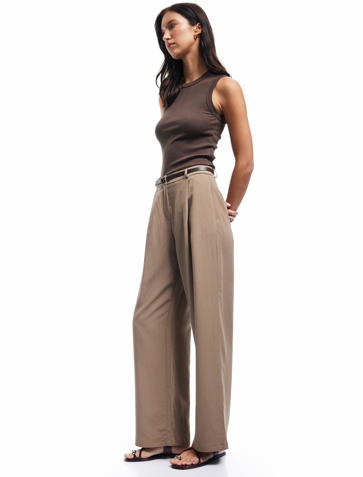  Kemerli Yüksek Bel Geniş Paça Keten Karışımlı Pantolon